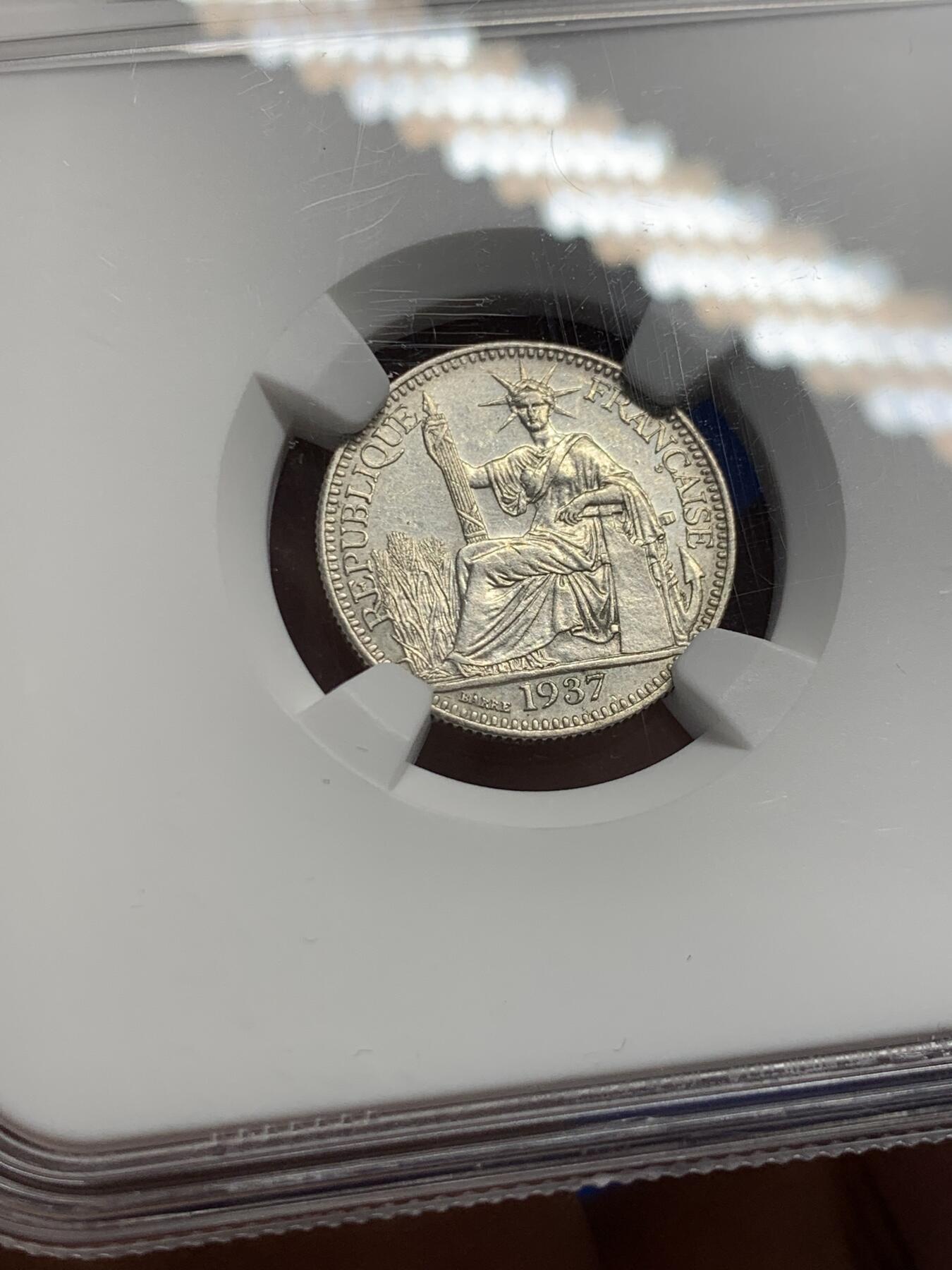 《竞宝斋》第441场 周日，周一，2场连拍 （全场包邮） NGC UNC 1937年法属印支10C坐洋银币，品相好。