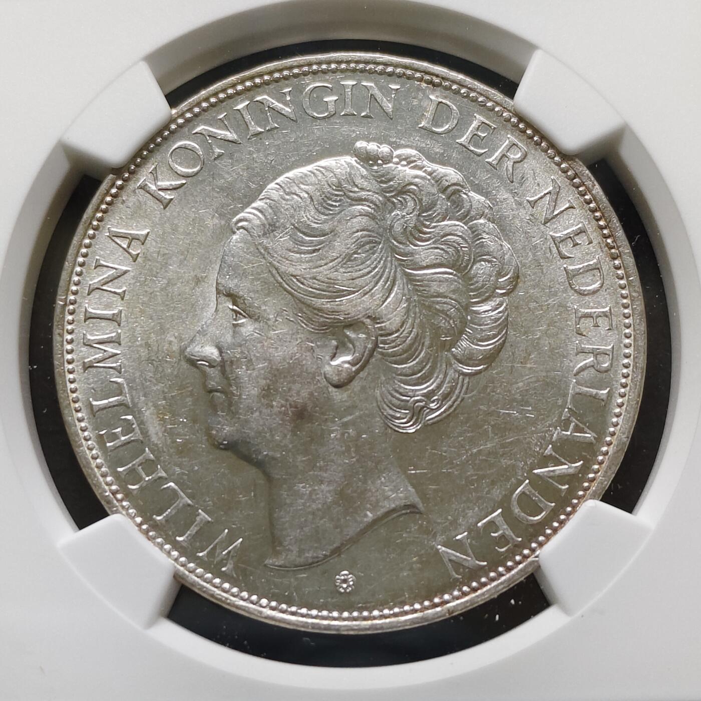 【全场包邮】纯粹捡漏拍481场（免费代拍第18场） 荷兰1939年威廉明娜女王2.5盾银币-NGC AU58