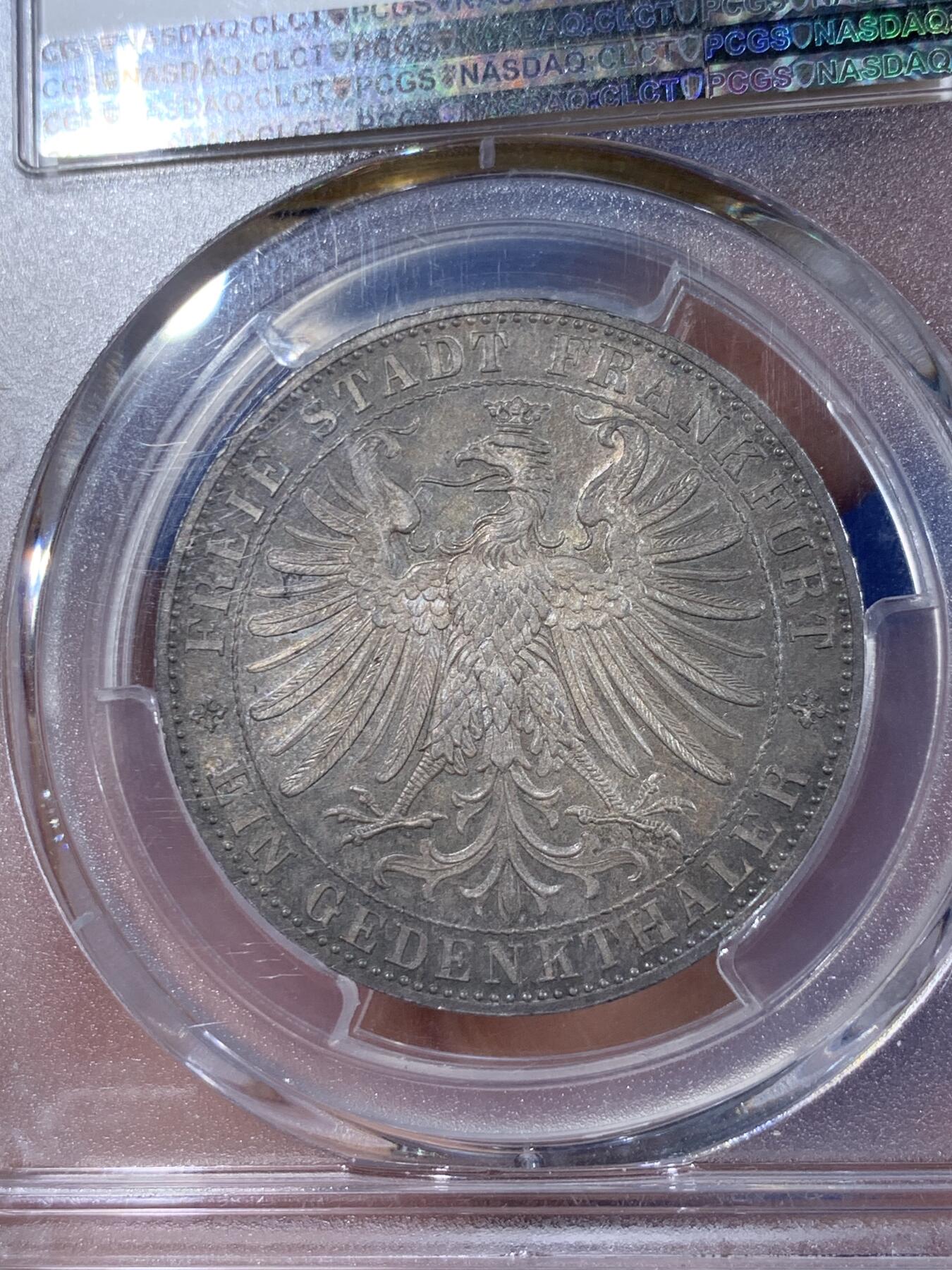 《竞宝斋》第441场 周日，周一，2场连拍 （全场包邮） PCGS MS64 德国1863年法兰克福王子会议泰勒 五彩包浆非常给力的状态