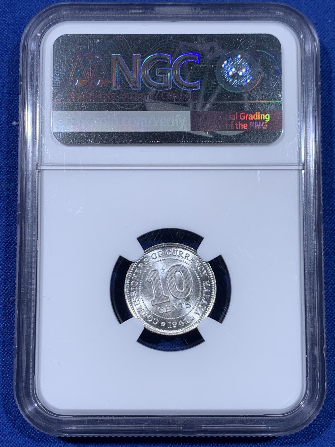 《竞宝斋》第441场 周日，周一，2场连拍 （全场包邮） NGC MS64 马来亚1941年10c小银币