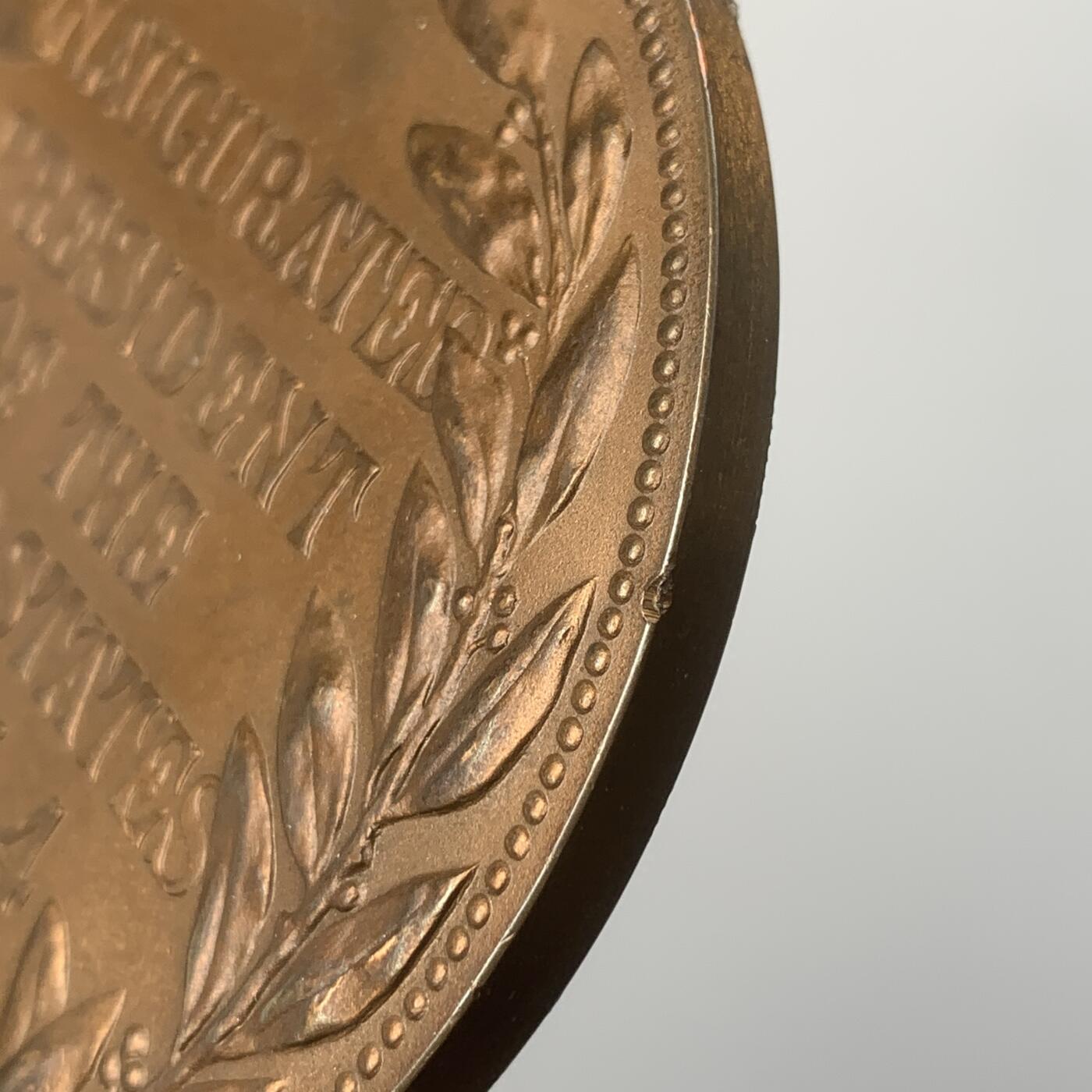 掌中浮雕-藏着的欧洲第043场 1889年美国第23任总统本杰明.哈里森纪念铜章，76mm，234g