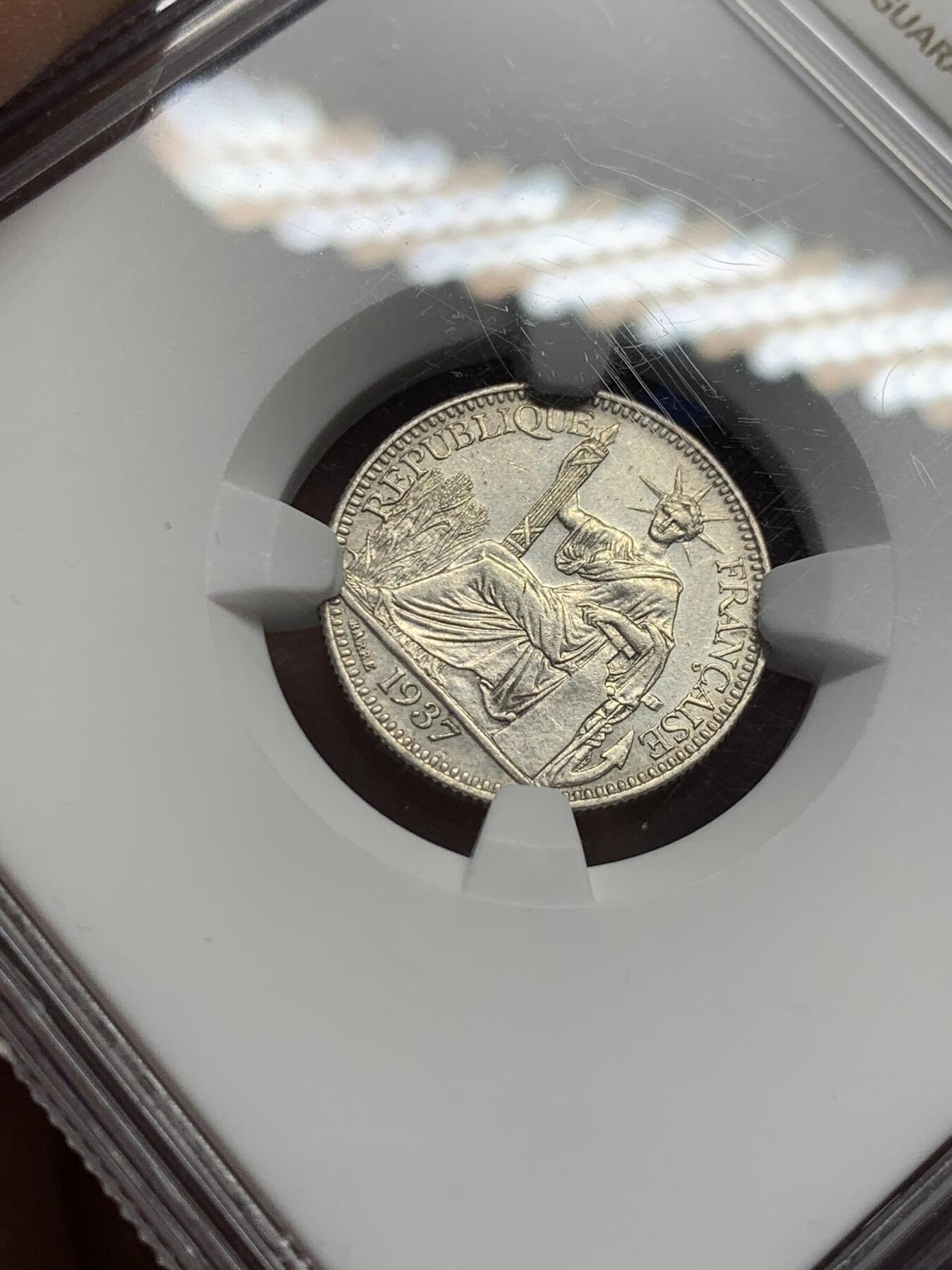 《竞宝斋》第441场 周日，周一，2场连拍 （全场包邮） NGC UNC 1937年法属印支10C坐洋银币，品相好。