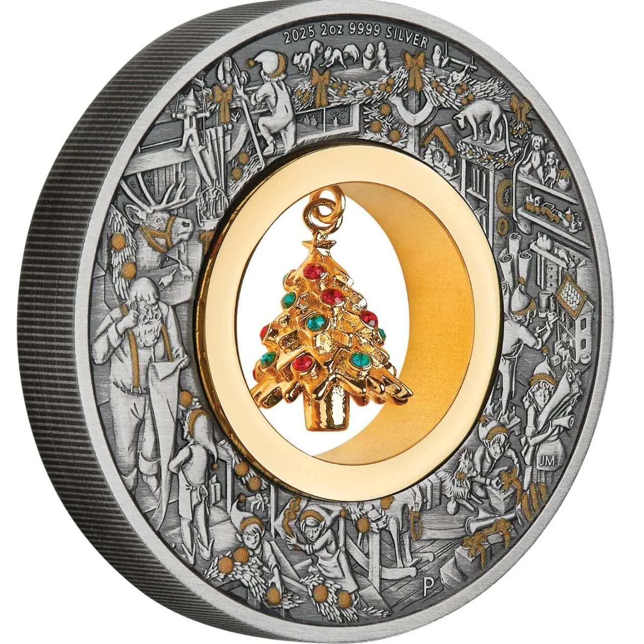 【现货】澳大利亚2025年圣诞系列中空镶嵌圣诞树2盎司仿古银币造币厂售罄品种。每年都是热门品种