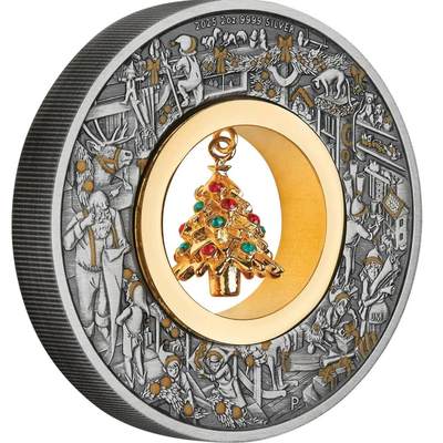 【现货】澳大利亚2025年圣诞系列中空镶嵌圣诞树2盎司仿古银币造币厂售罄品种。每年都是热门品种