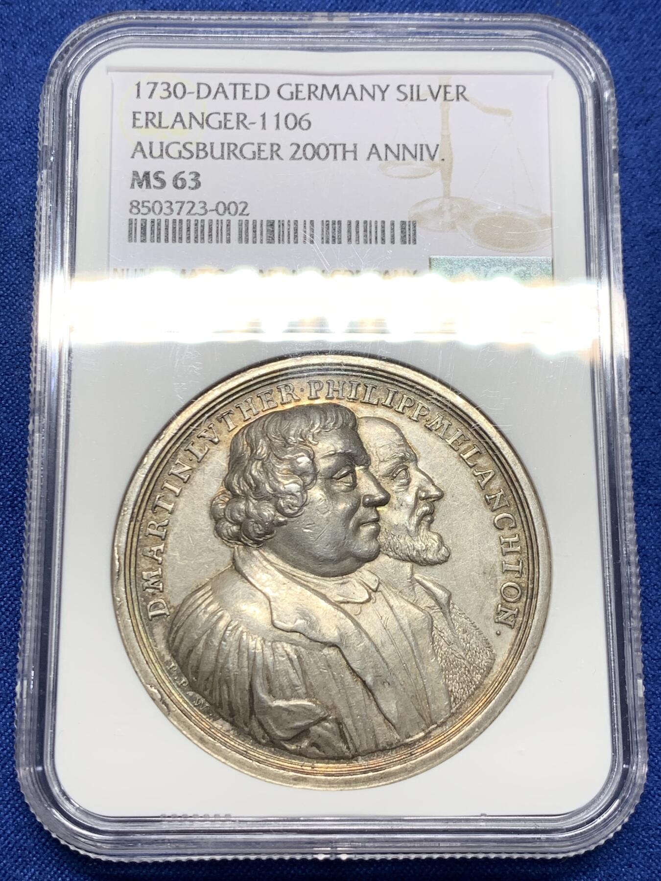 《竞宝斋》第441场 周日，周一，2场连拍 （全场包邮） NGC MS63 德国 1730 奥格斯堡  200周年纪念银章 双面淡彩高浮雕 值得入手的品种