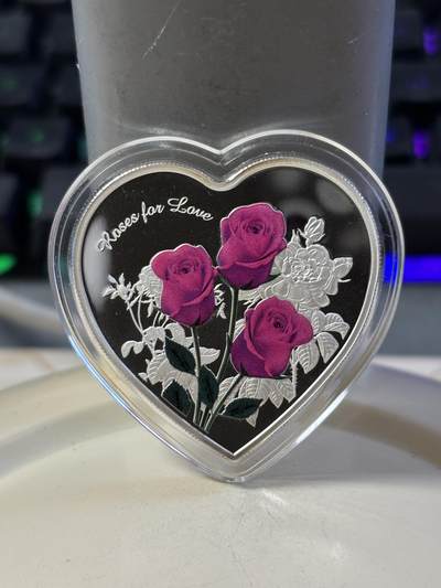 第183期拍卖 - 托克劳2017年爱情的见证情人节玫瑰心形彩印银币，999银，20克，发行量1000枚