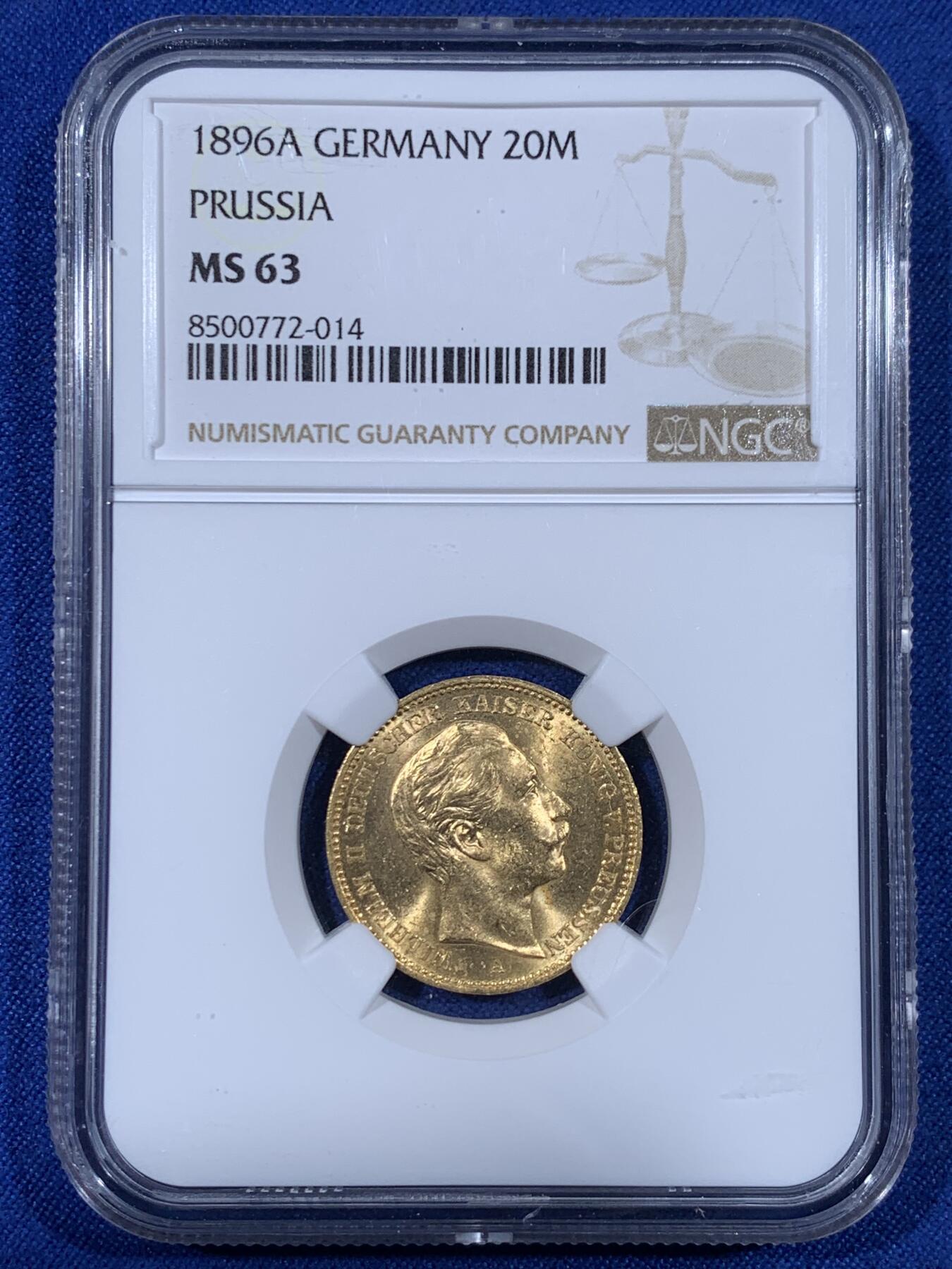 《竞宝斋》第441场 周日，周一，2场连拍 （全场包邮） NGC MS63 德国 普鲁士 1896 A 威廉二世 20马克 金币 早期年份，数量稀少，63分更难得，无敌转光，值得收藏     7.965克900金