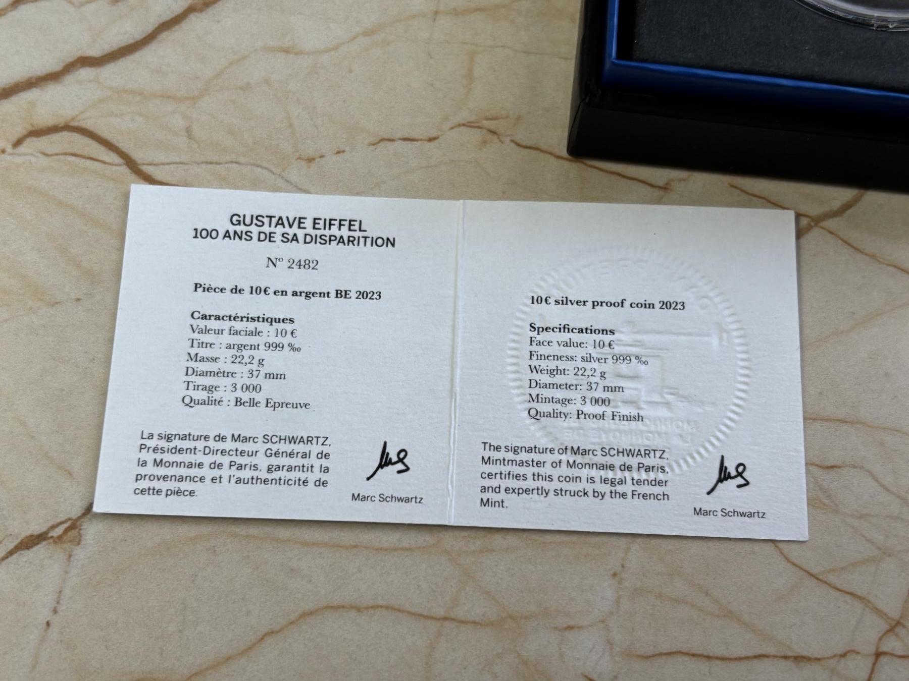 第183期拍卖 法国2023年建筑大师古斯塔夫·埃菲尔逝世纪念银币，999银，22.2克，发行3000枚
