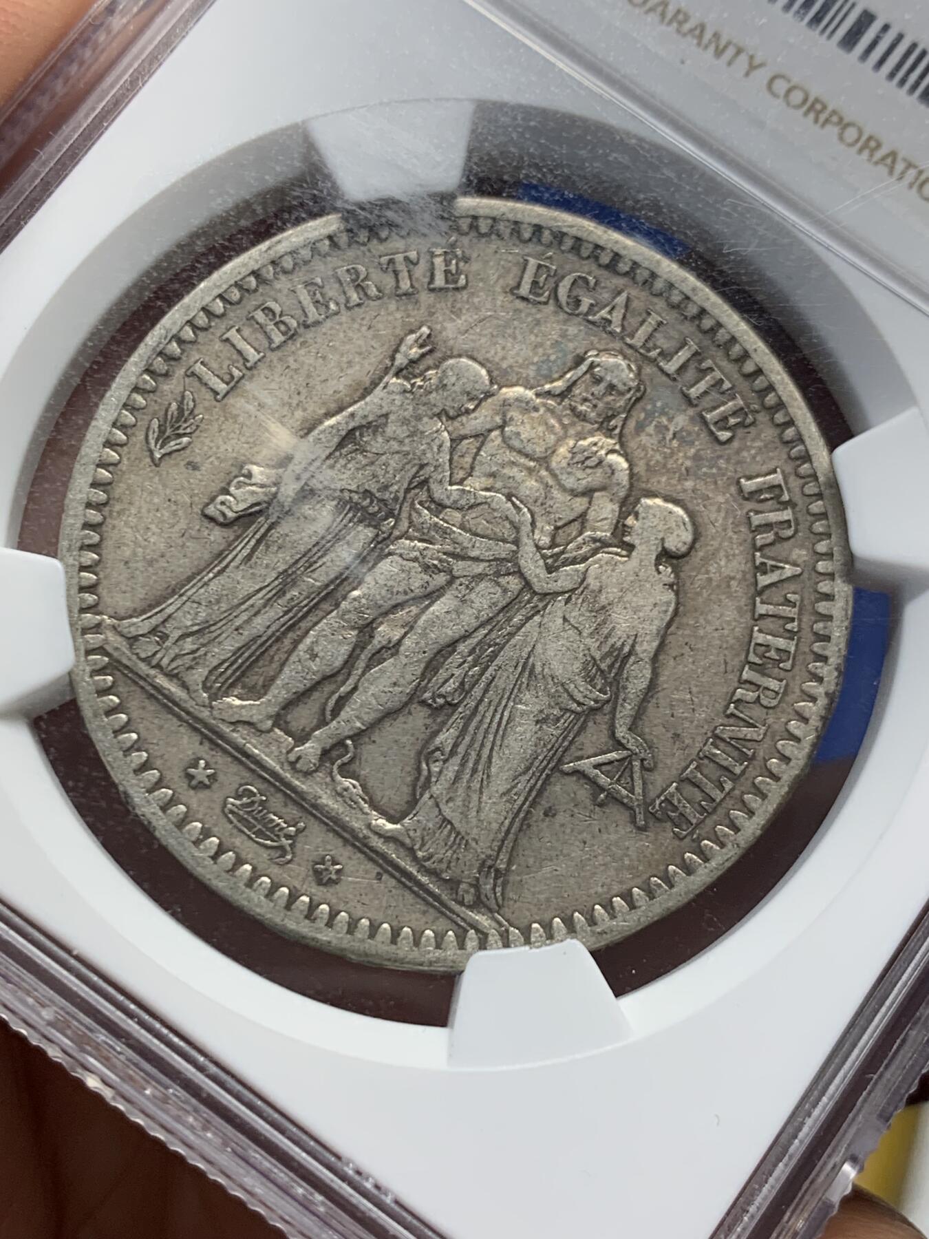 《竞宝斋》第441场 周日，周一，2场连拍 （全场包邮） NGC XF40 法国1849年 二共大力神5法郎大银币 只发行两年出分不易五彩包浆