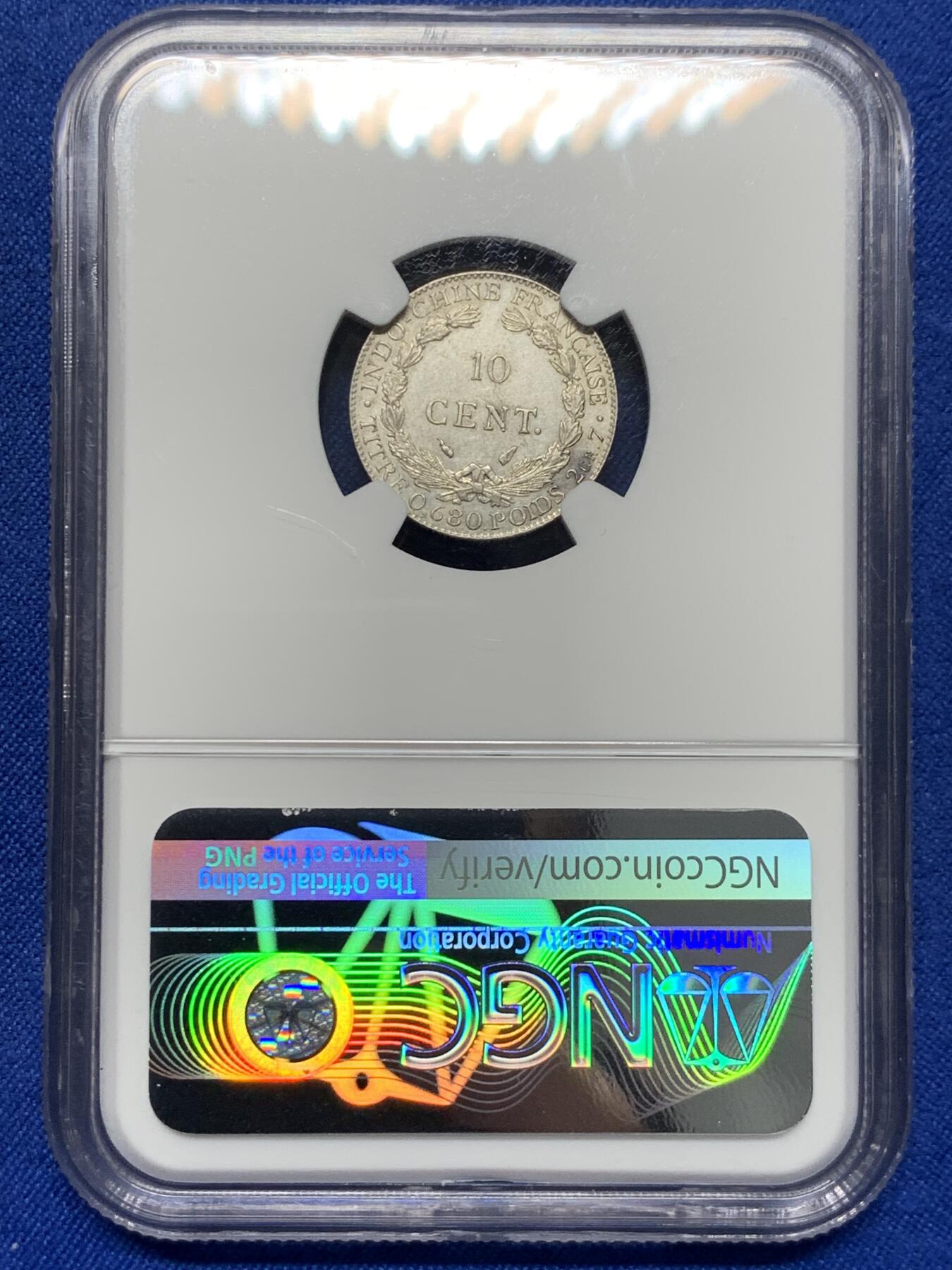 《竞宝斋》第441场 周日，周一，2场连拍 （全场包邮） NGC UNC 1937年法属印支10C坐洋银币，品相好。