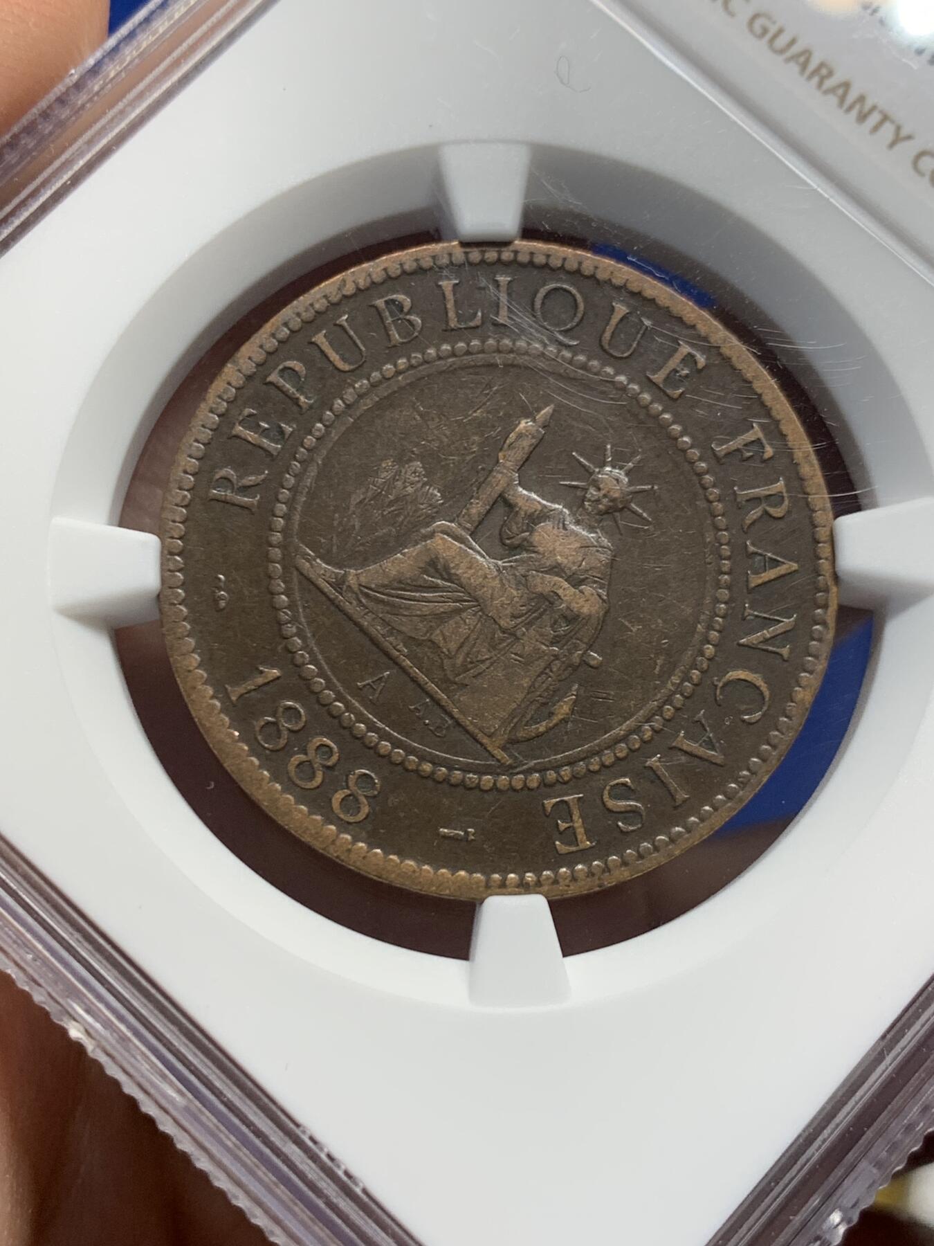 《竞宝斋》第441场 周日，周一，2场连拍 （全场包邮） NGC VF30BN 法属印支殖民地1888年1分铜币，特殊年份，少见带中文汉字的外国铜币