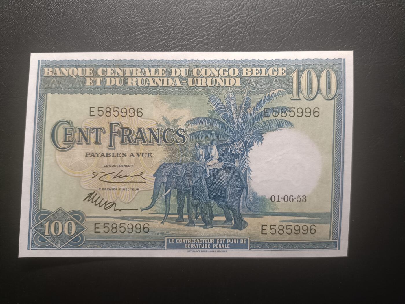 2025十一月第六期，总第204期 比属刚果1953年100法郎AUNC无47，稀有的经典中高面值品种，经典的大象运输和牧牛图案
