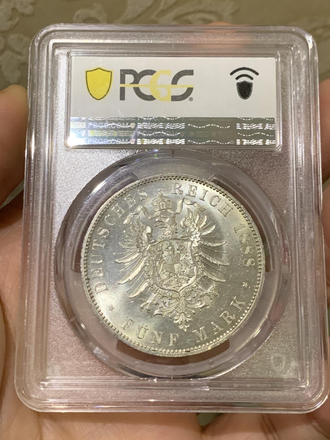 《竞宝斋》第441场 周日，周一，2场连拍 （全场包邮） PCGS MS63 德国 普鲁士 1888 A 弗里德里希三世 5马克 银币 稀有品相 包浆很舒服