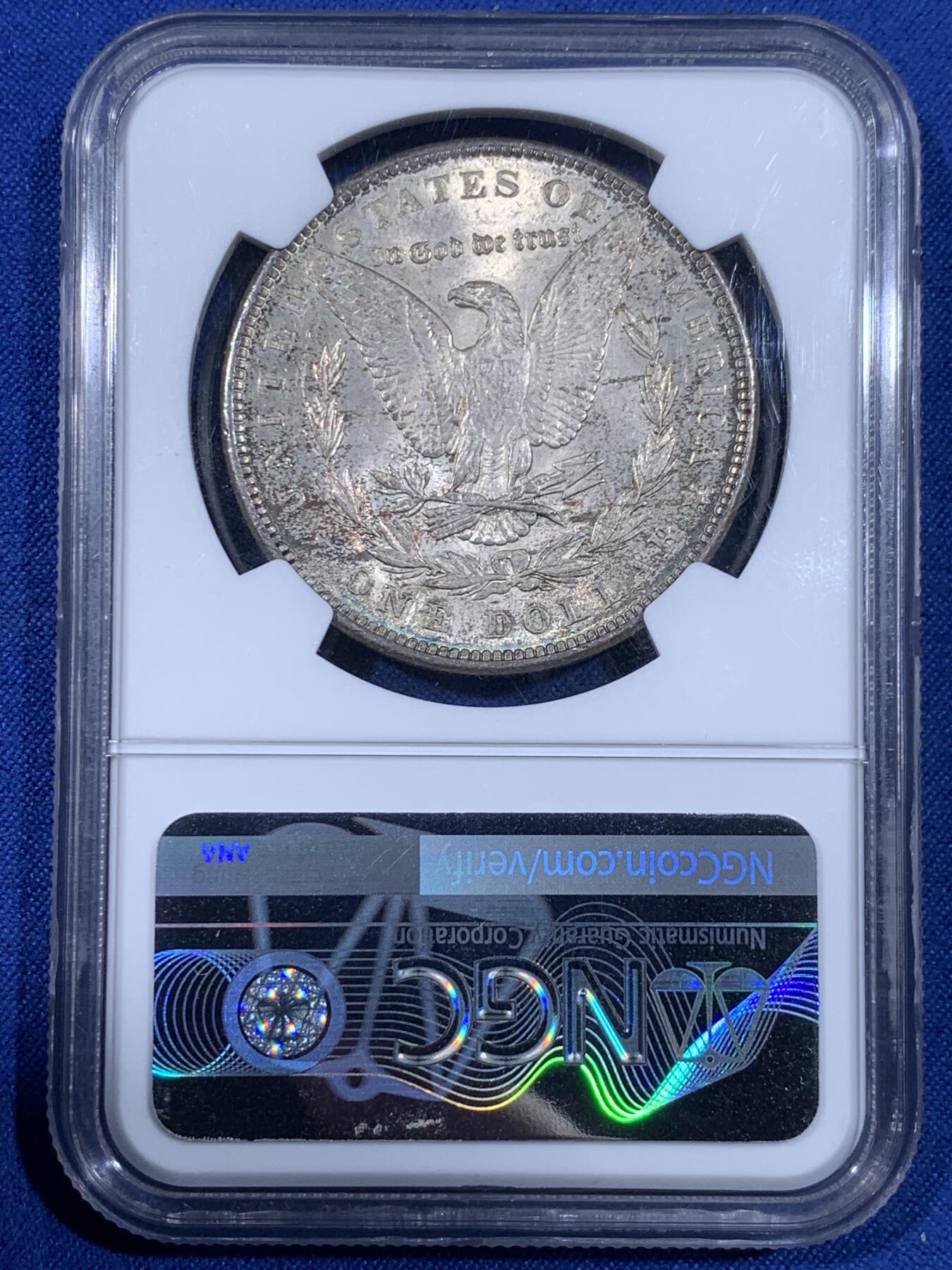 《竞宝斋》第441场 周日，周一，2场连拍 （全场包邮） NGC MS63 美国1889年摩根银币P厂 少见彩种，蓝紫满彩，绚烂而神秘