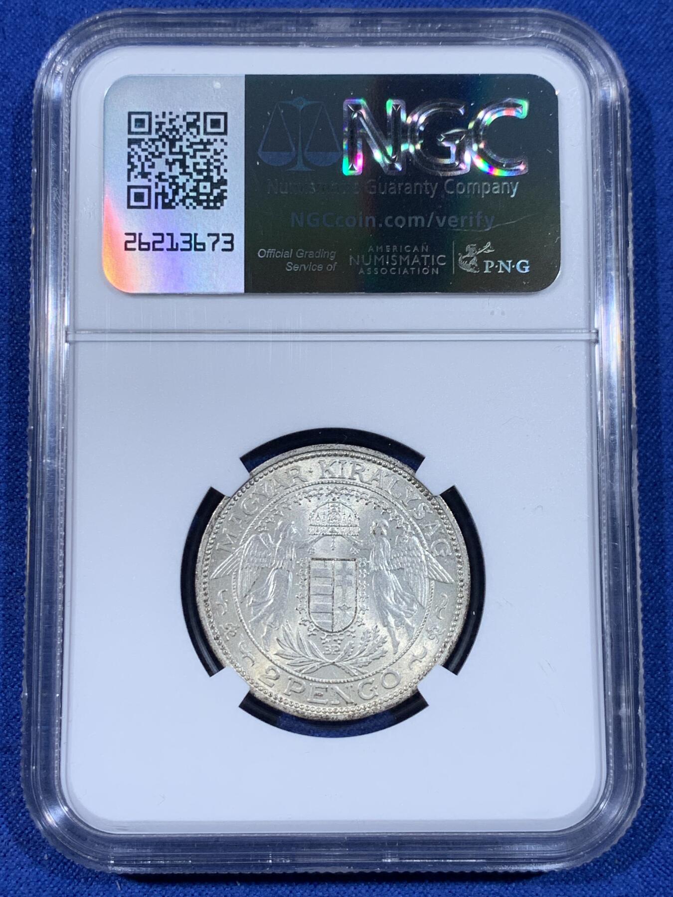 《竞宝斋》第441场 周日，周一，2场连拍 （全场包邮） NGC MS63 匈牙利王国1938年2潘果银币 漂亮的双天使盾徽圣母抱婴 完整原光漂亮