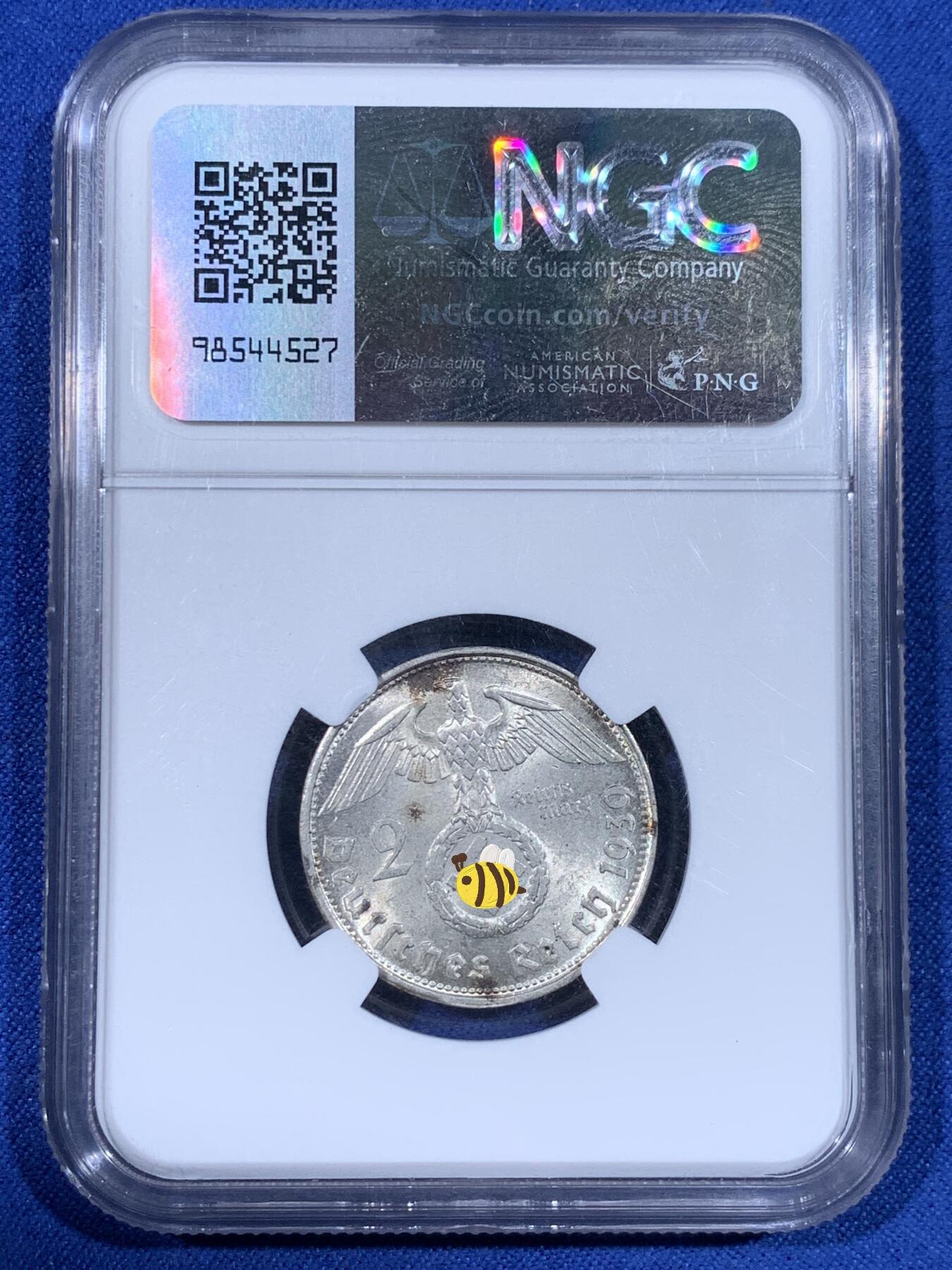 《竞宝斋》第441场 周日，周一，2场连拍 （全场包邮） NGC MS63 德国1939B兴登堡两马克