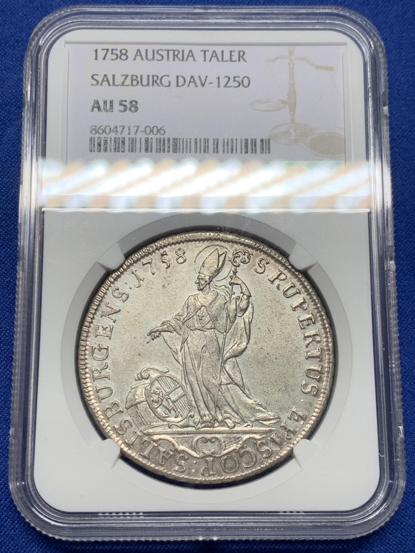 《竞宝斋》第441场 周日，周一，2场连拍 （全场包邮） NGC AU58 萨尔茨堡 1758年 西格斯蒙德主教泰勒大银币 非常少见的一枚 状态极好 手腕高点都保存的很好 确实低评了