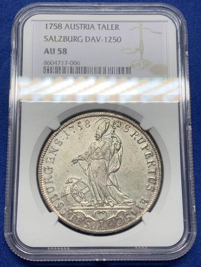 《竞宝斋》第441场 周日，周一，2场连拍 （全场包邮） - NGC AU58 萨尔茨堡 1758年 西格斯蒙德主教泰勒大银币 非常少见的一枚 状态极好 手腕高点都保存的很好 确实低评了