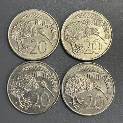 回流1123 - 新西兰1980年代20分4枚 几维鸟/花冠女王和高冠女王