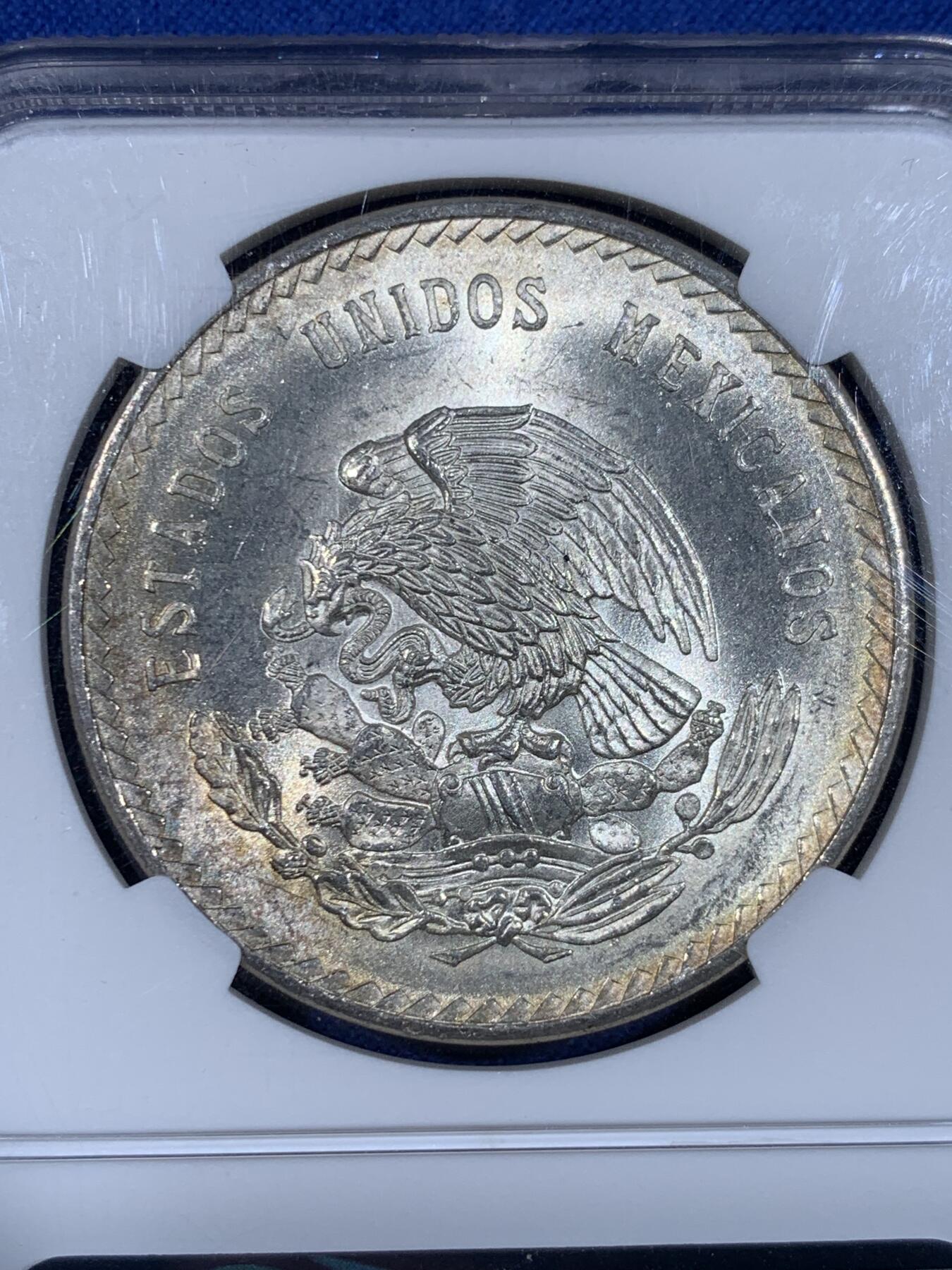 《竞宝斋》第441场 周日，周一，2场连拍 （全场包邮） NGC MS64 墨西哥 1948Mo 酋长5比索 正面的硫化包浆十分好看