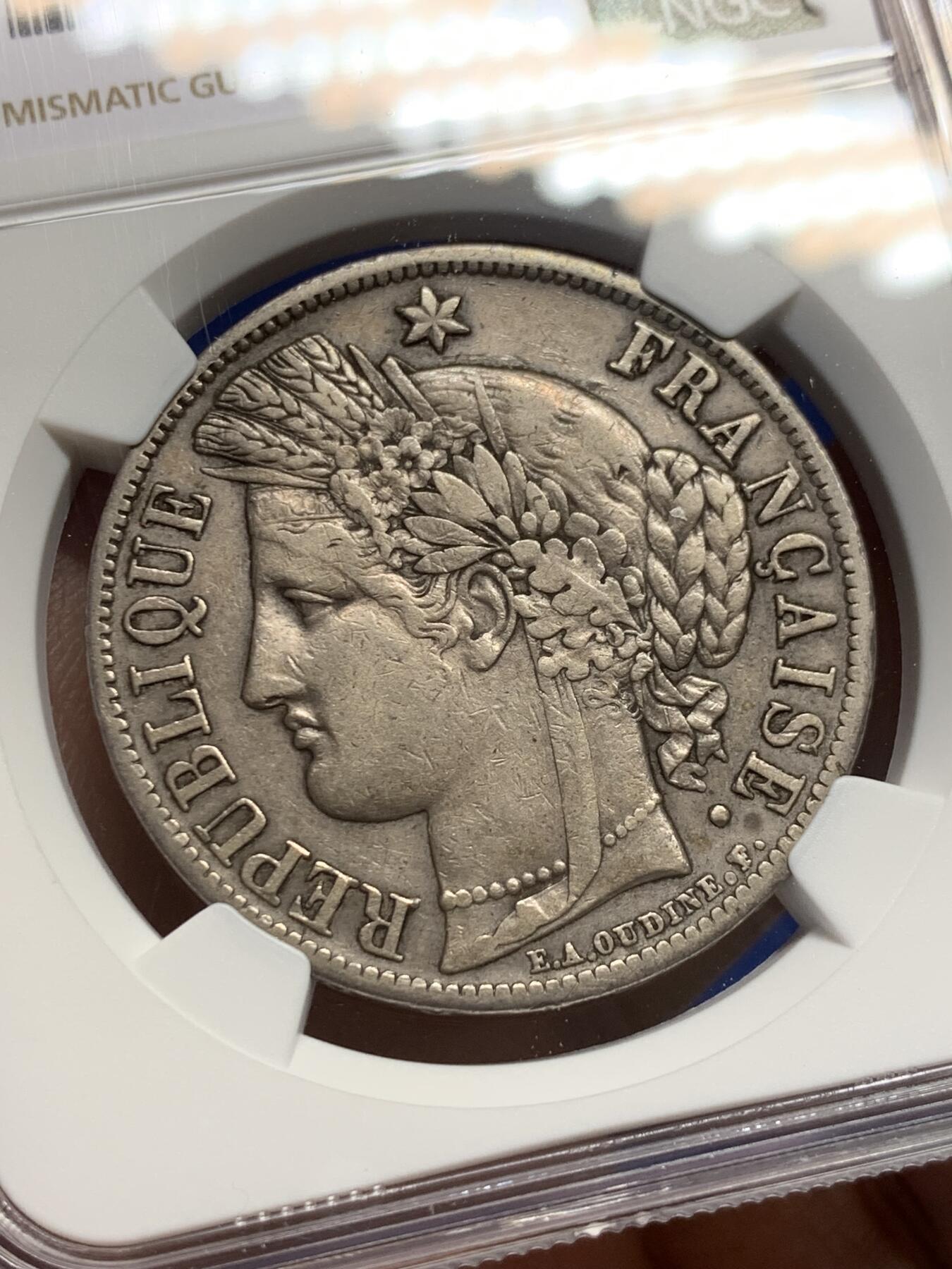 《竞宝斋》第441场 周日，周一，2场连拍 （全场包邮） NGC XF40 法国1851年A 谷物女神5法郎箴言版大银币 原汁原味热门品种