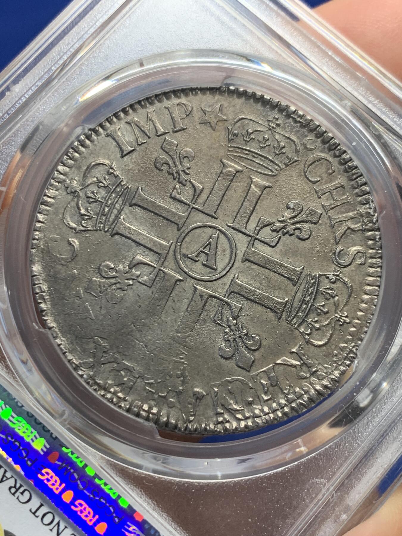 《竞宝斋》第441场 周日，周一，2场连拍 （全场包邮） PCGS AUD 法国1691年路易十四1埃及大银币  极其少见的早期8L大皇冠版本，紫罗兰包浆低评，底板好，压印清晰，巴黎厂