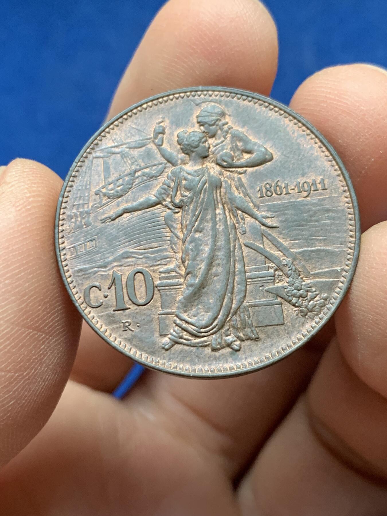 《竞宝斋》第441场 周日，周一，2场连拍 （全场包邮） 1911年意大利建国50周年10C纪念铜币，ms转光不可多得的状态