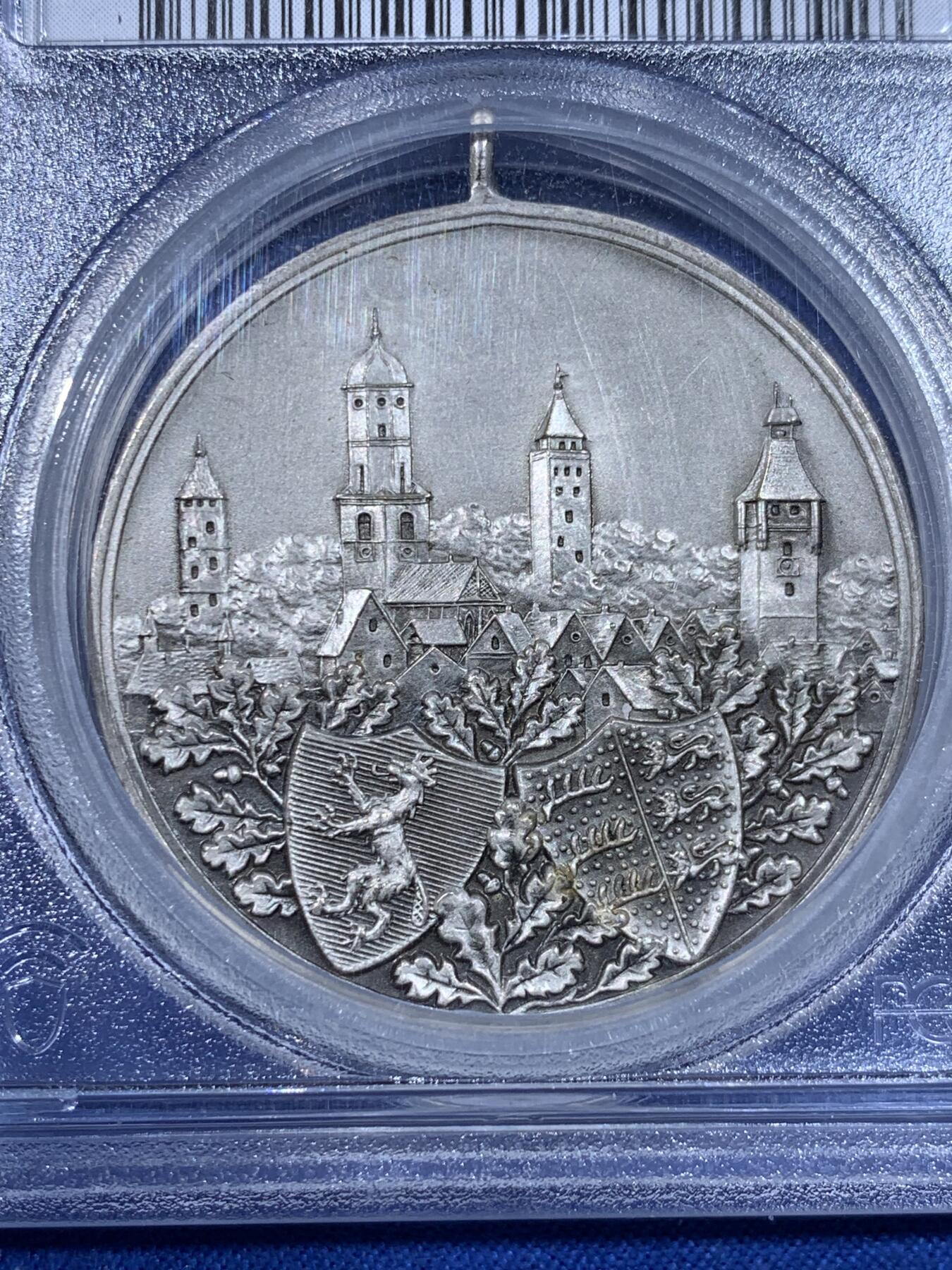 《竞宝斋》第441场 周日，周一，2场连拍 （全场包邮） PCGS MS63 德国  射击节景观镀银纪念章 少见版本 加厚盒装 20世纪铸造