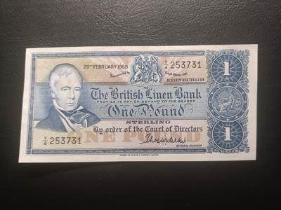 2025十一月第六期，总第204期 - 苏格兰不列颠亚麻银行1968年5镑UNC-正面有字迹印，早期已结业银行，诗人沃尔特斯科特