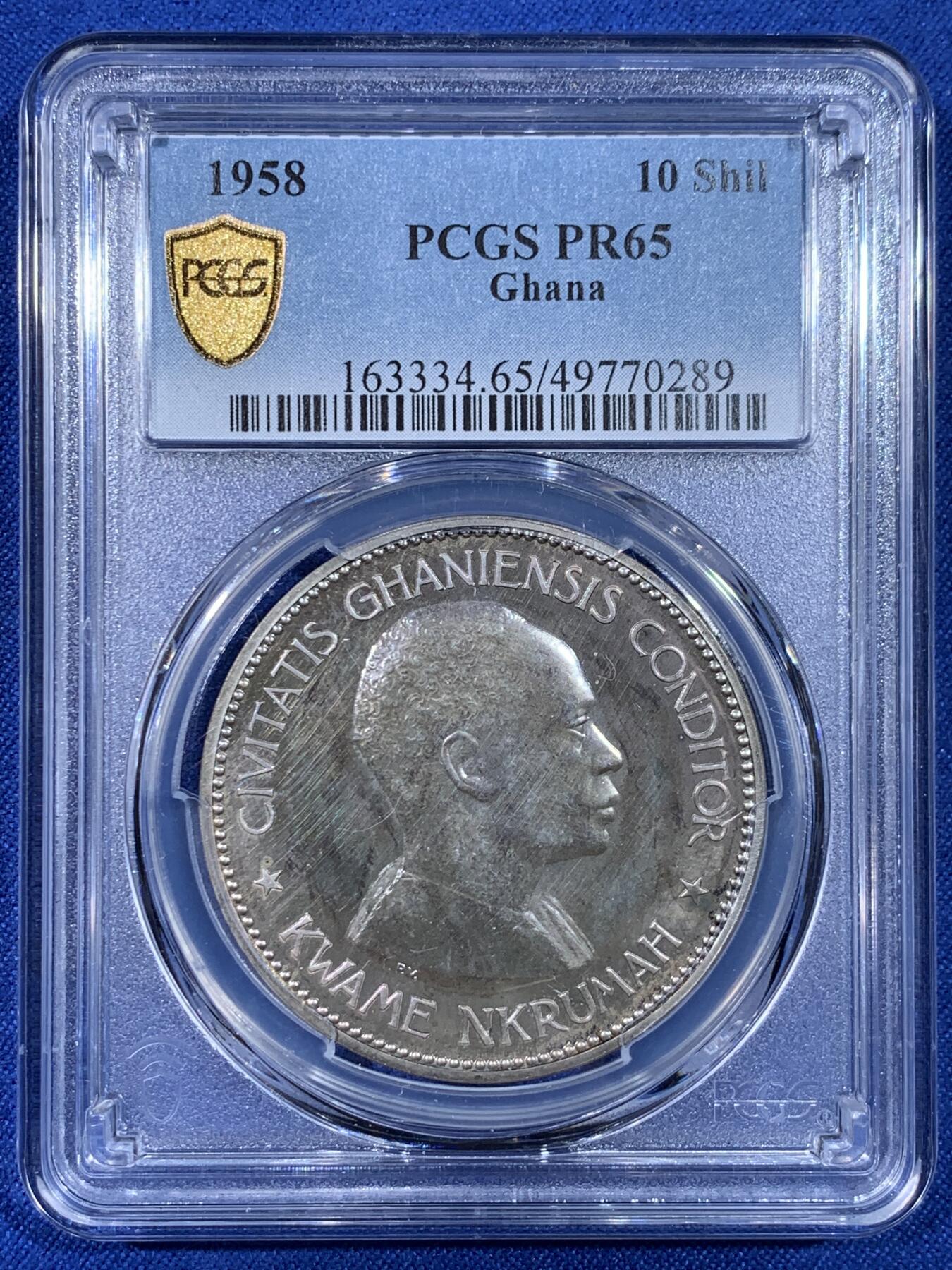 《竞宝斋》第441场 周日，周一，2场连拍 （全场包邮） PCGS PR65 加纳1958年10先令精制大银币 轻微包浆光度好