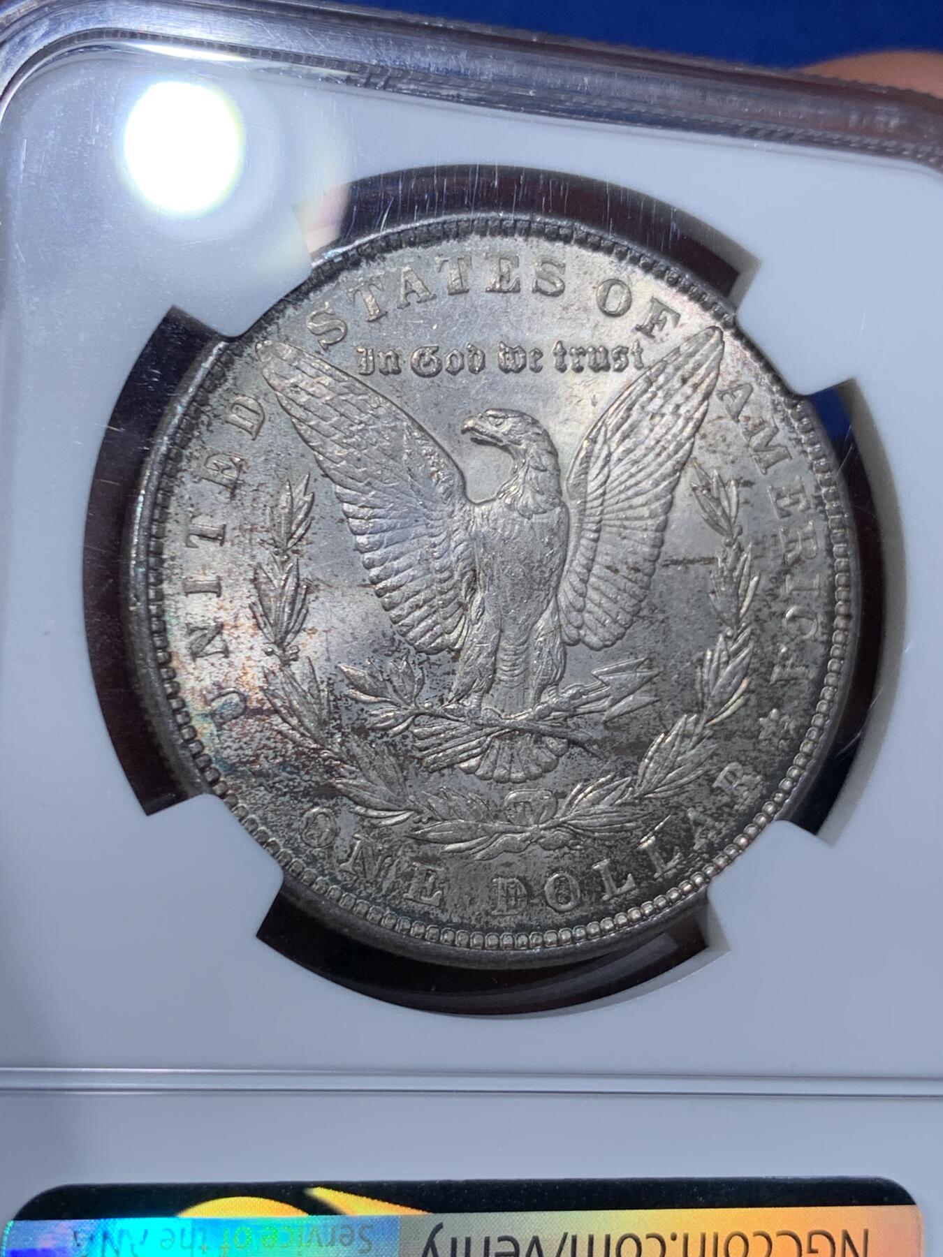 《竞宝斋》第441场 周日，周一，2场连拍 （全场包邮） NGC MS63 美国1889年摩根银币P厂 少见彩种，蓝紫满彩，绚烂而神秘