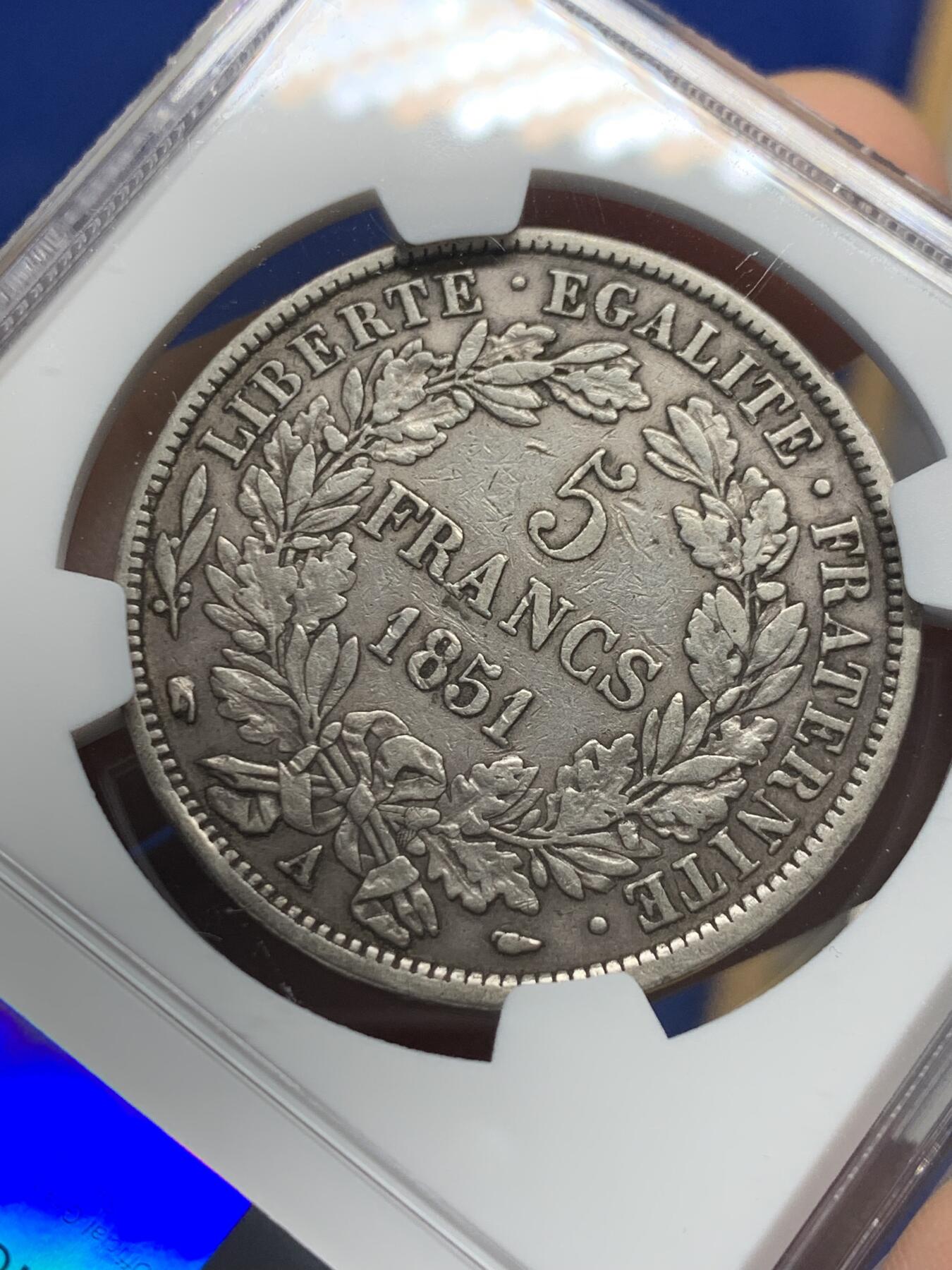 《竞宝斋》第441场 周日，周一，2场连拍 （全场包邮） NGC XF40 法国1851年A 谷物女神5法郎箴言版大银币 原汁原味热门品种