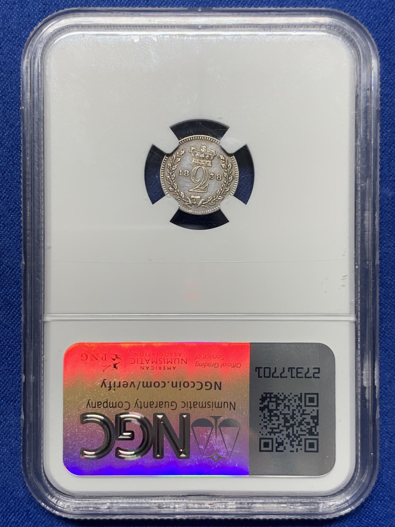 《竞宝斋》第441场 周日，周一，2场连拍 （全场包邮） NGC AUD CLEANED 英国1838年2便士濯足小银币，少见维多利亚女王首年份