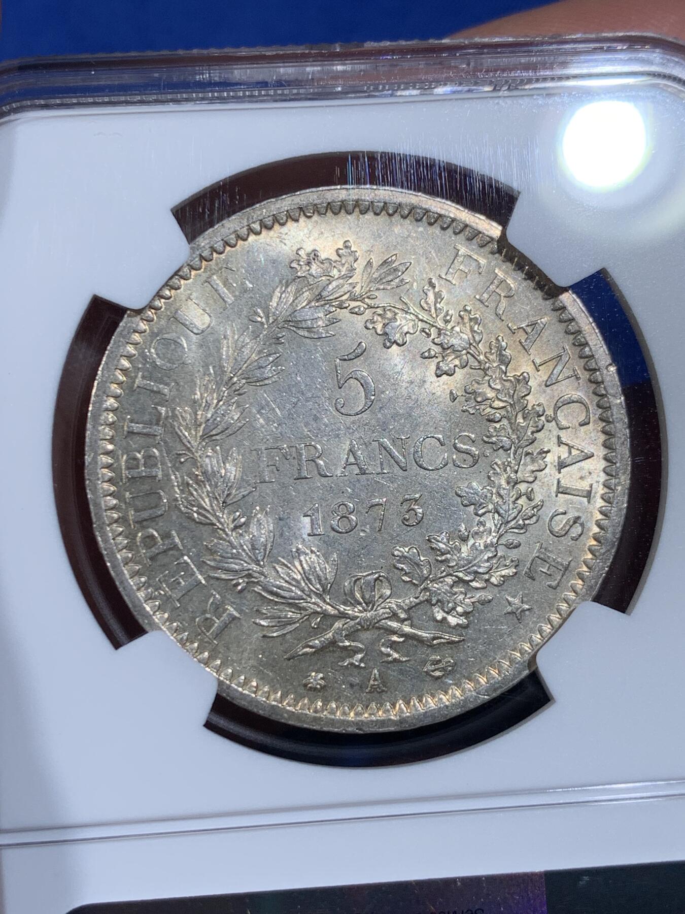 《竞宝斋》第441场 周日，周一，2场连拍 （全场包邮） NGC MS63 法国1873年大力神5法郎银币 黄光柔美 转光丝滑