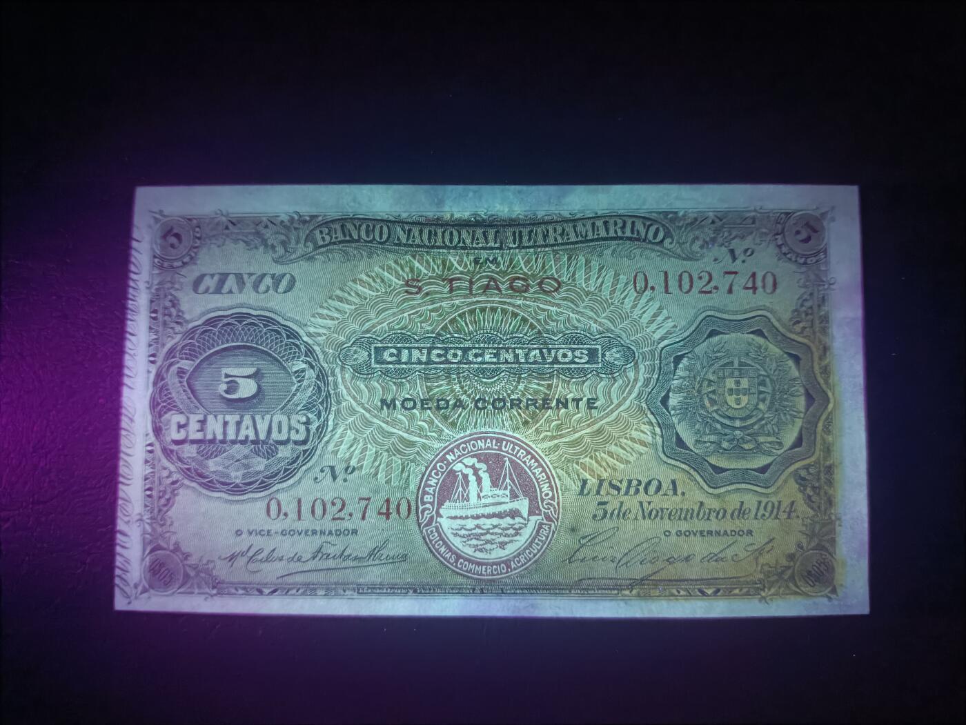2025十一月第六期，总第204期 葡属佛得角1914年5分UNC-，稀有葡属殖民地品种，经典的大西洋银行目送船队出海图案