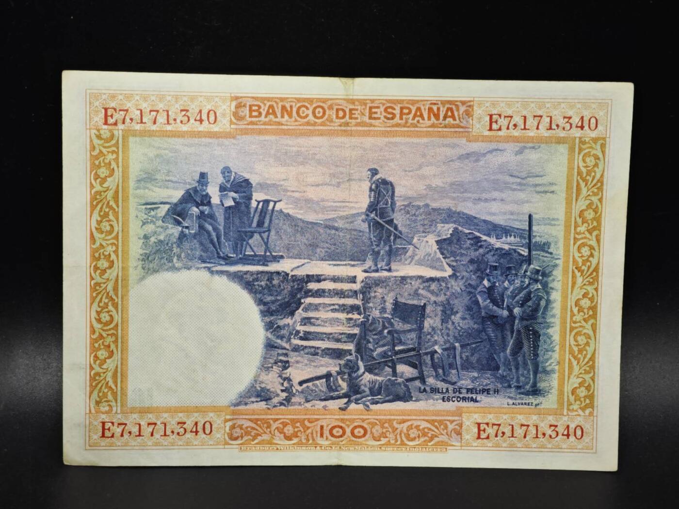 【淘币小摊】实时拍第八百零六拍   纸币场   满百包邮可预留二周 每周一统一发货   西班牙1925年100比赛塔纸币【有折】