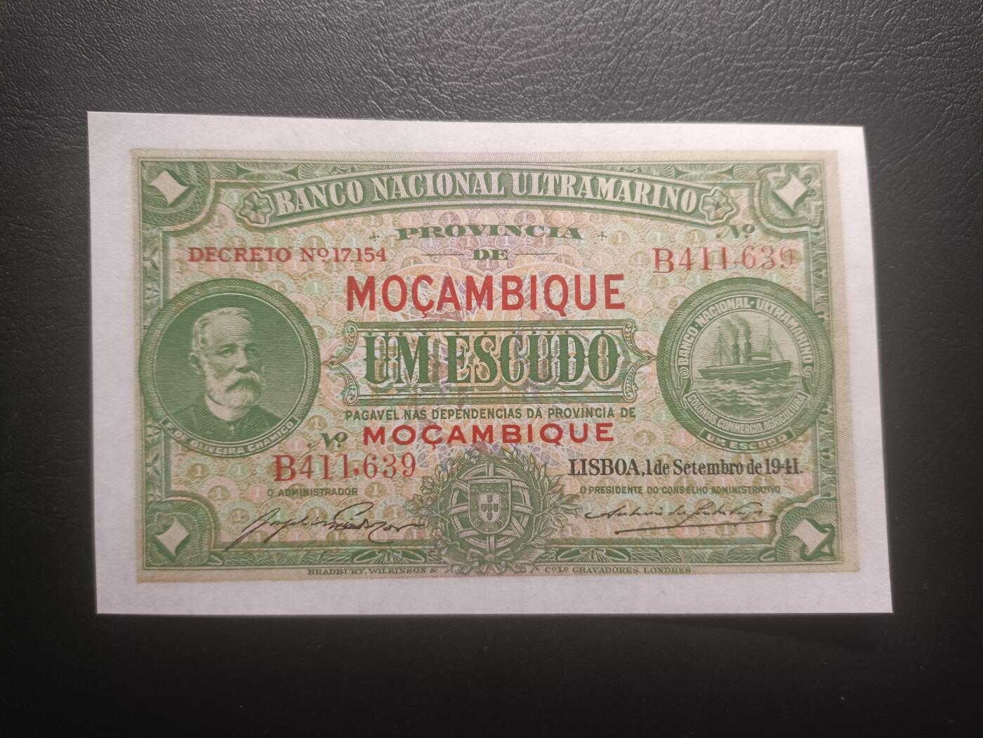 2025十一月第六期，总第204期 葡属莫桑比克1941年1艾斯库多AUNC，稀有葡属殖民地品种，经典的大西洋银行目送船队出海图案