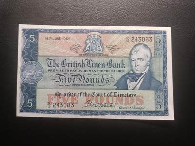 2025十一月第六期，总第204期 - 苏格兰不列颠亚麻银行1964年5镑UNC-，稀有的早期已结业银行中高面值，诗人沃尔特斯科特