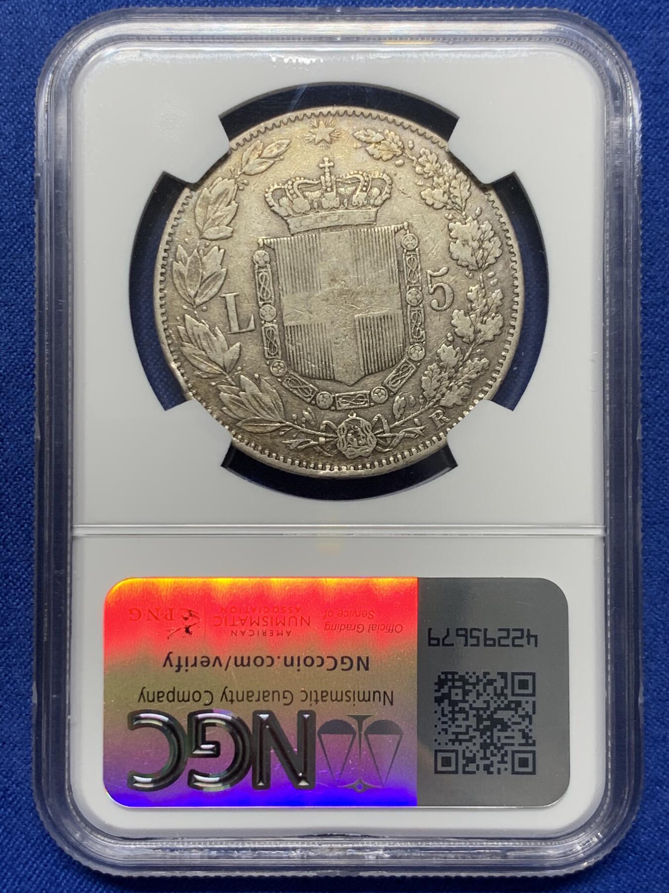 《竞宝斋》第441场 周日，周一，2场连拍 （全场包邮） NGC XFD 意大利1879年翁贝托一世5里拉银币 状态不错细节很好感觉是可以出分的