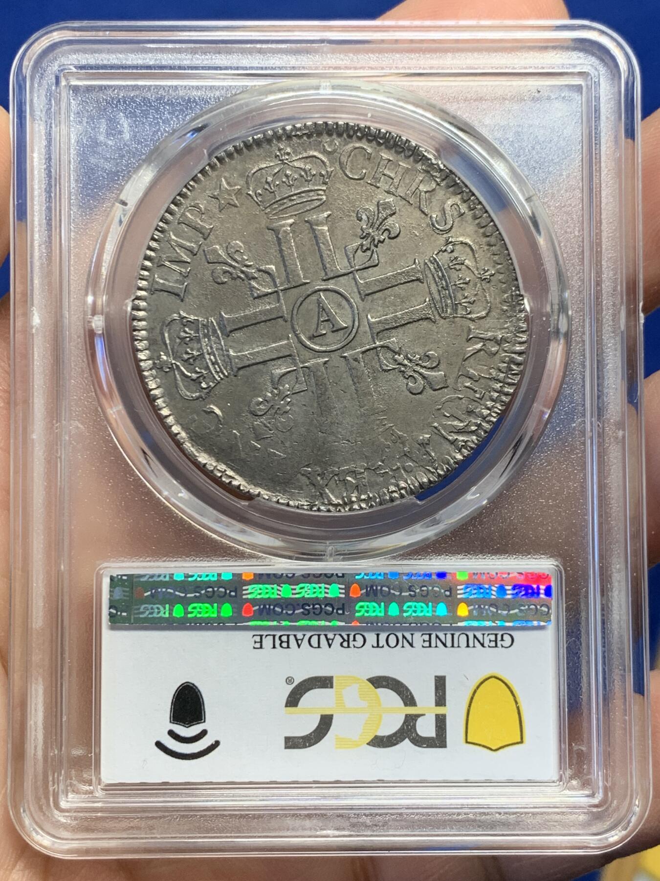 《竞宝斋》第441场 周日，周一，2场连拍 （全场包邮） PCGS AUD 法国1691年路易十四1埃及大银币  极其少见的早期8L大皇冠版本，紫罗兰包浆低评，底板好，压印清晰，巴黎厂