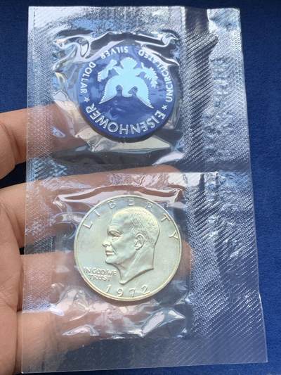 《竞宝斋》第441场 周日，周一，2场连拍 （全场包邮） - 美国1972艾森豪威尔银币，加一枚未流通1美元