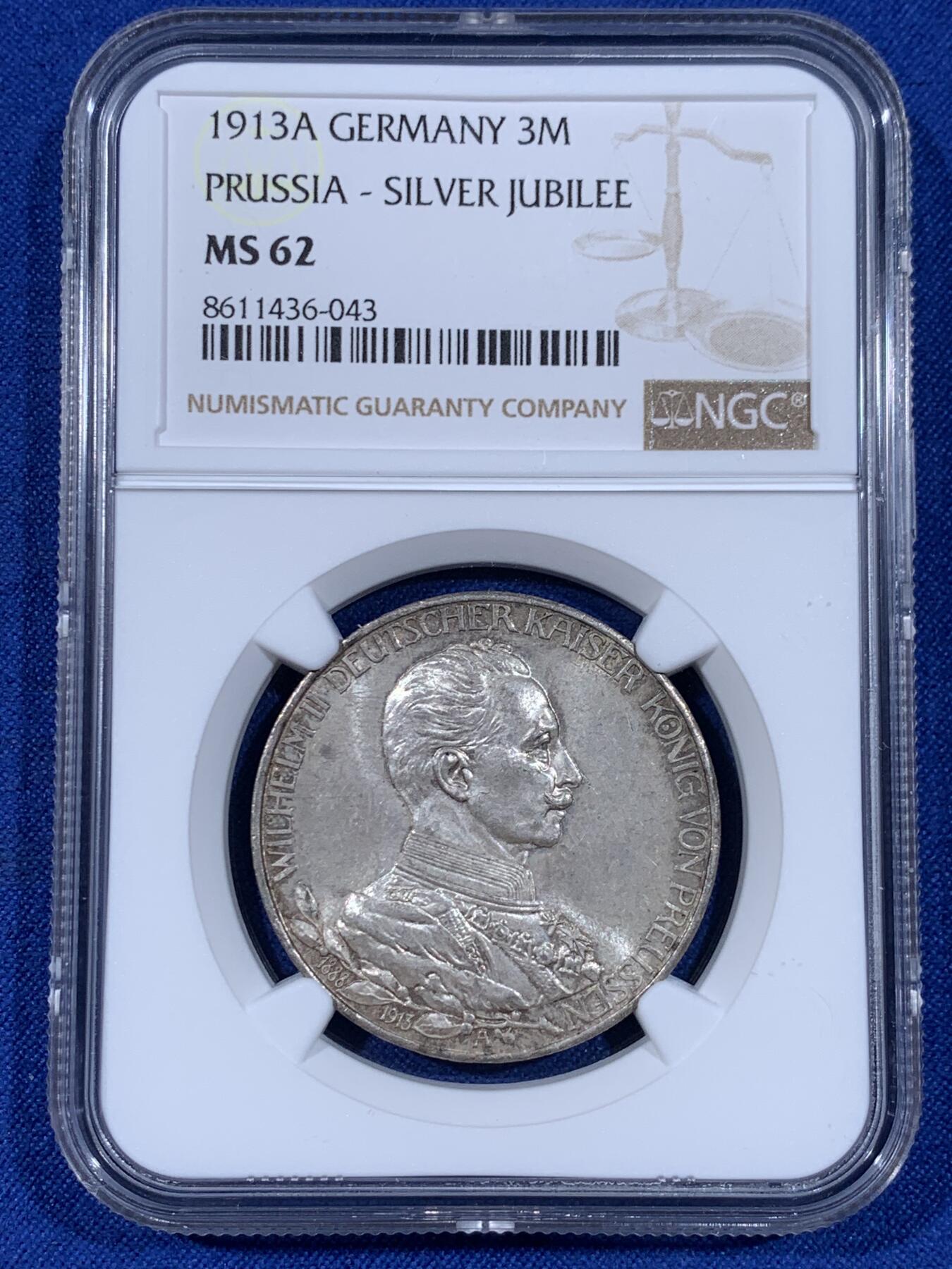《竞宝斋》第441场 周日，周一，2场连拍 （全场包邮） NGC MS62 德国1913年普鲁士威廉二世军装花枝3马克银币