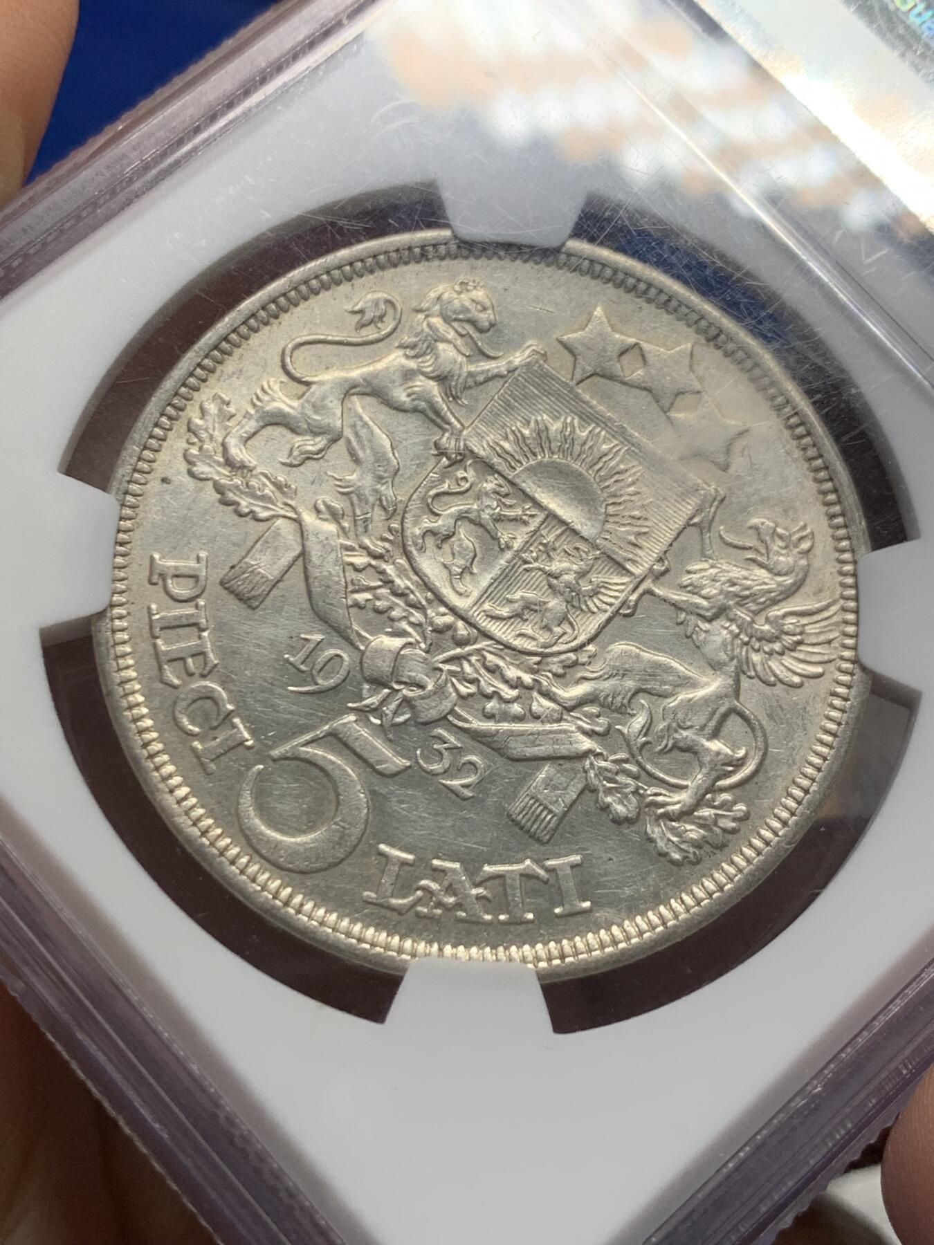 《竞宝斋》第441场 周日，周一，2场连拍 （全场包邮） NGC AUD 拉脱维亚1932年5拉特银币 经典品种，也是谷物女神中最美品种