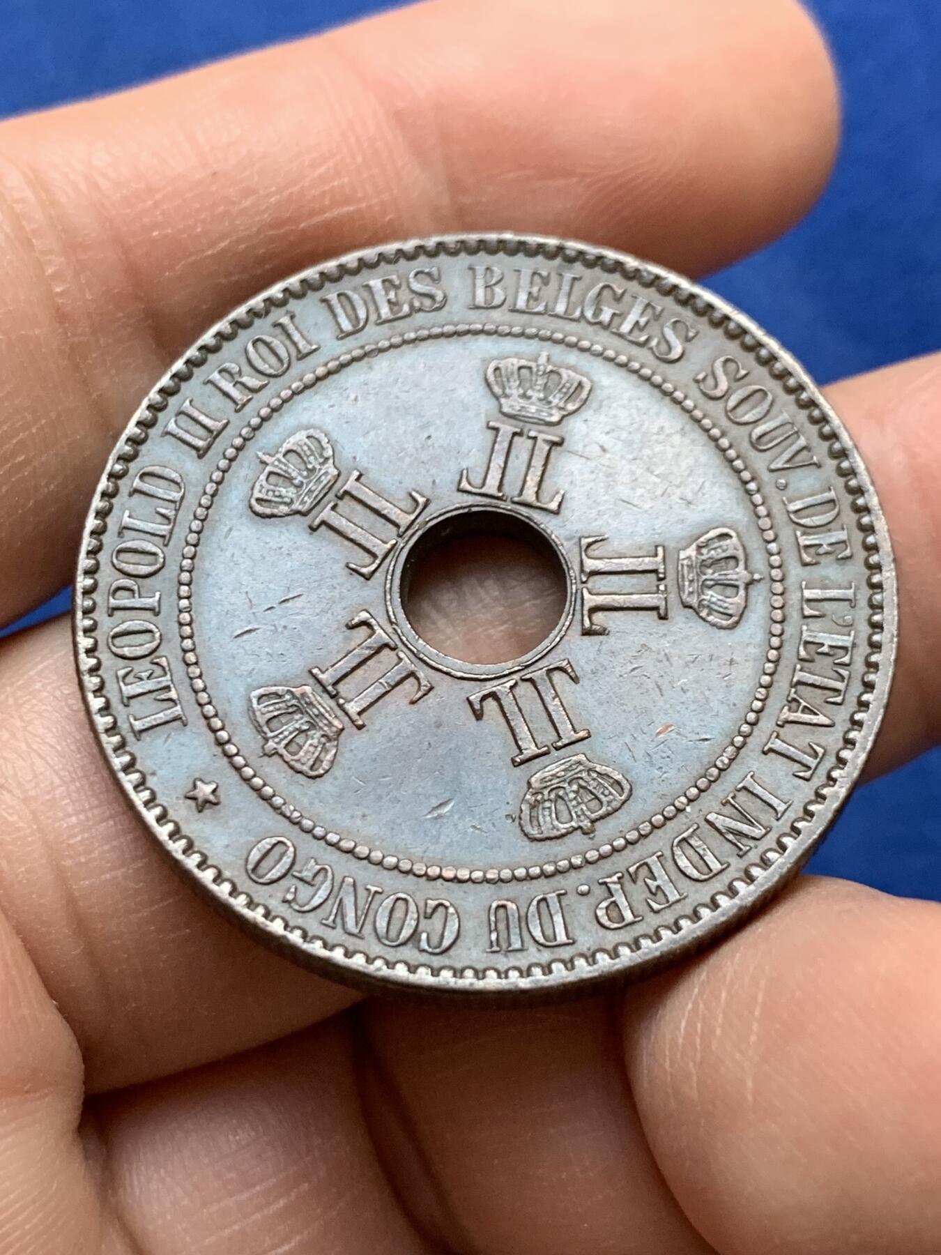 《竞宝斋》第441场 周日，周一，2场连拍 （全场包邮） 两枚一组 比属刚果，刚果自由邦1887年5分＋1889年10分，巧克力包浆