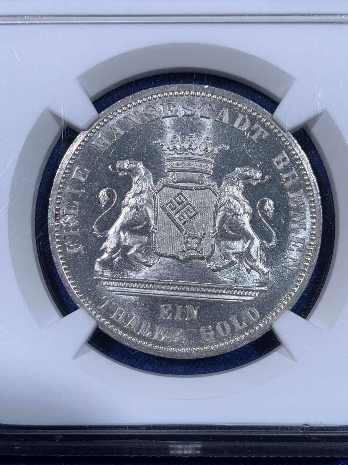 《竞宝斋》第441场 周日，周一，2场连拍 （全场包邮） NGC UNC 德国 不莱梅 1871 胜利泰勒 底板极美，转光养眼，可惜没分