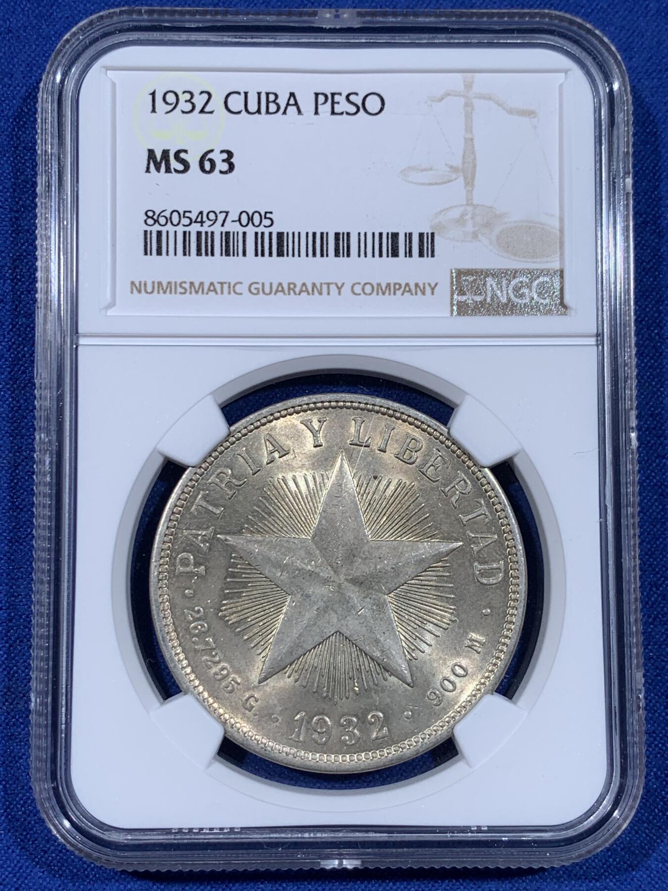 《竞宝斋》第441场 周日，周一，2场连拍 （全场包邮） NGC MS63 古巴1932年五角星银币1比索，少见高分