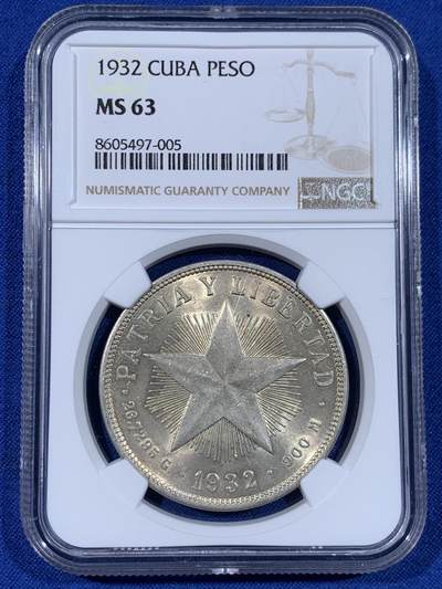 《竞宝斋》第441场 周日，周一，2场连拍 （全场包邮） - NGC MS63 古巴1932年五角星银币1比索，少见高分