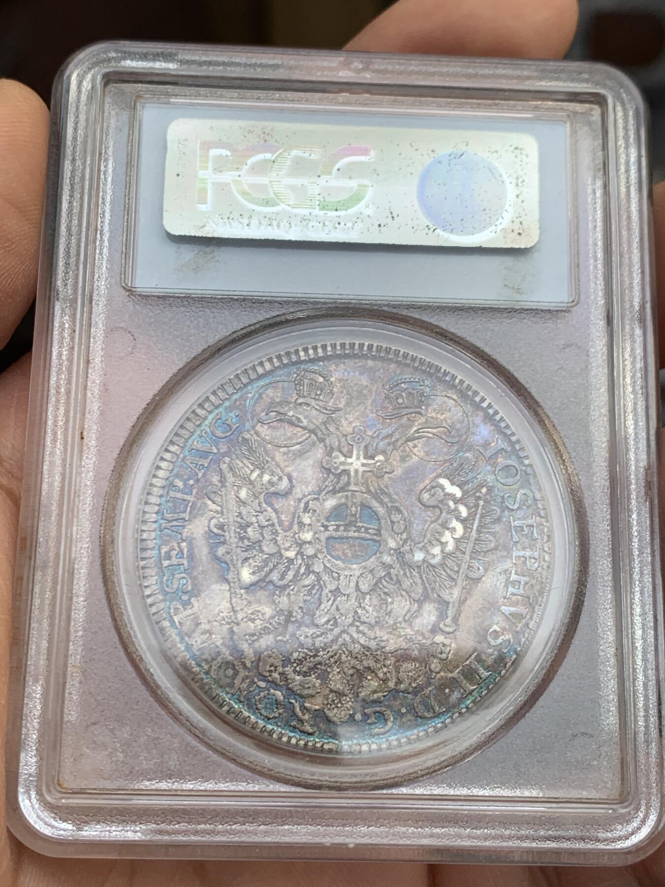 《竞宝斋》第441场 周日，周一，2场连拍 （全场包邮） PCGS AU50  德国纽伦堡1765年双头鹰景观泰勒大银币 早期P盒 保存很不错 状态包浆同样惊人美丽