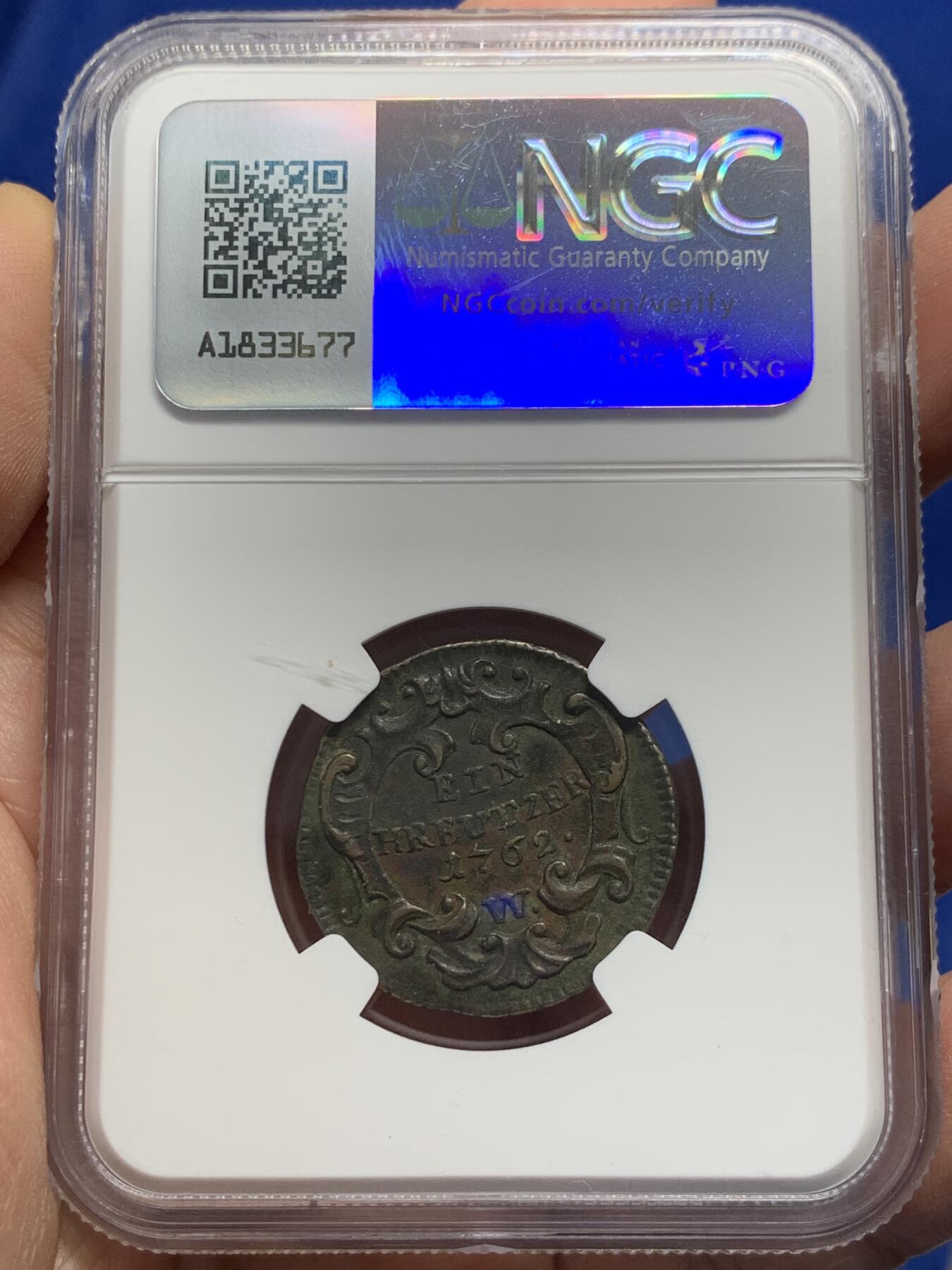 《竞宝斋》第441场 周日，周一，2场连拍 （全场包邮） NGC XFD 神圣罗马帝国 1762 早期1克鲁泽铜币