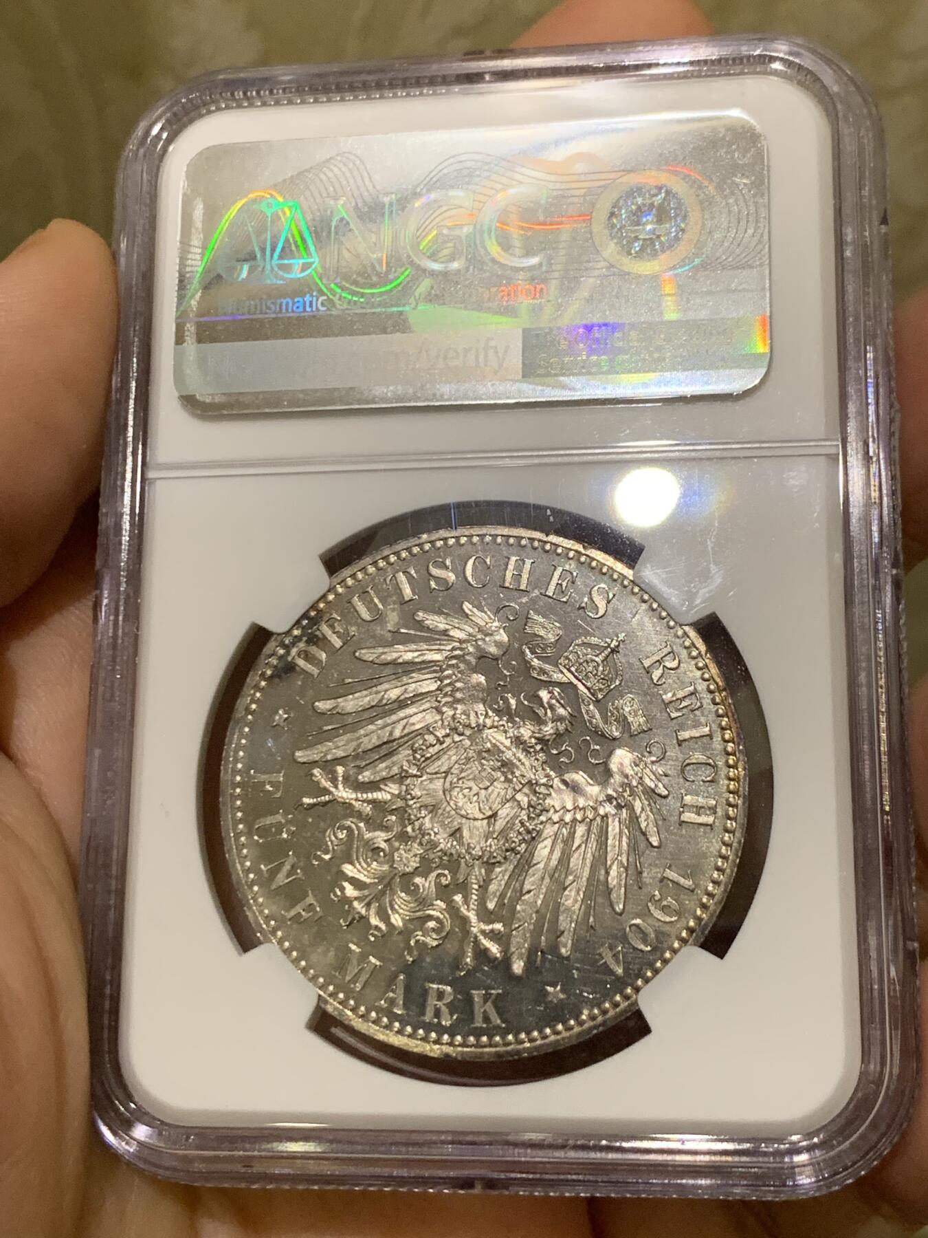 《竞宝斋》第441场 周日，周一，2场连拍 （全场包邮） NGC PF63 德国1904梅克伦堡什未林皇家大婚纪念5马克，发行量仅2500枚顶级小邦精制马克，镜面底板香槟色月牙彩，值得收藏